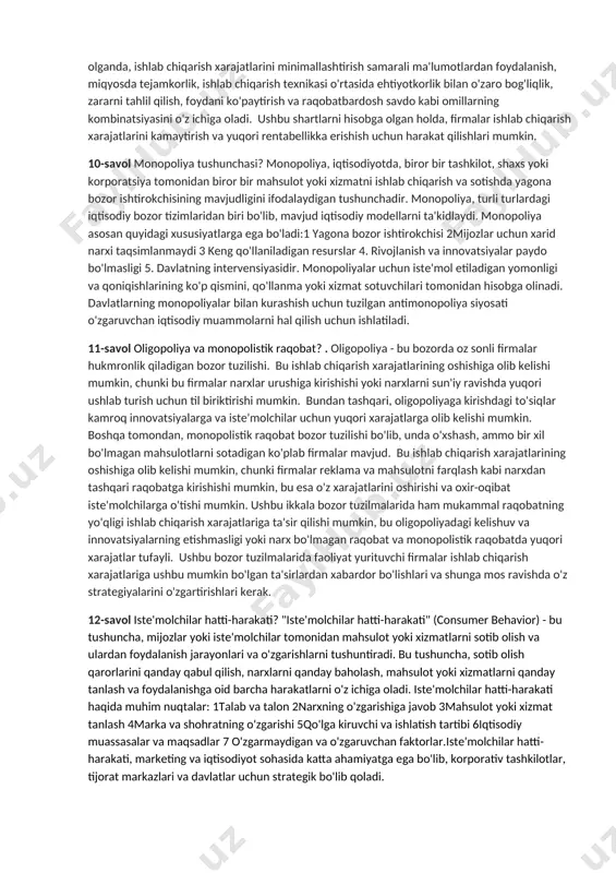 anma moliyaviy kapital zaxiralariga muhtoj boʻlgan emitentlar fond bozorida qimmatli qogʻozlar taklifini belgilaydi. qimmatli qogʻozlarning ikkilamchi bozori — birlamchi bozorning zaruriy qoʻshimchasi. unda qimmatli qogʻozlarning olibsotarlik shaklidagi aylanmasi sodir boʻladi. qimmatli qogʻozlar boʻyicha bitimlarning shakliga qarab ularni uyushtirilgan (birjali) va uyushtirilmagan (birjadan tashqaridagi yoki "koʻcha") bozorlariga ajratish mumkin. uyushtirilgan bozorni fond birjalari tashkil qiladi. qimmatli qogʻozlar bilan qilinadigan boshqa barcha bitimlar uyushtirilmagan bozorda amalga oshadi. 6-savol davlat tomonidan tartibga solish, global bozorlar? fond bozori moliyakredit tizimining tarkibiy qismi sifatida davlat boshqaruvi obʼyekti hisoblanadi. uning asosiy maqsadi investorlar manfaatini emitentlar va vositachilar tomonidan qilinadigan noqonuniy hattiharakatlardan himoya qilishdir. shu maqsadlarda qimmatli qogʻozlar emissiyasi, ularning muomalada boʻlishi hamda qimmatli qogʻozlar bozorining professional qatnashchilari faoliyatini tartibga soluvchi, shuningdek, mamlakatda amalda boʻlgan tegishli normativ hujjatlar ishlab chiqiladi, maxsus maʼmuriy idoralar tuziladi. jahon bozori (global bozor)— xalqaro mehnat taqsimotida ishtirok etish bilan oʻzaro bogʻlangan mamlakatlar oʻrtasidagi barqaror tovar-pul munosabatlari tizimi. jahon bozori tovar, mehnat, kapital …