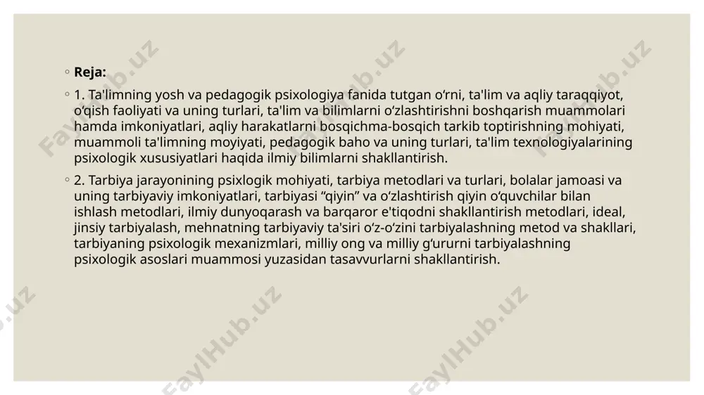 'quvchiga tegishli faoliyat nazarda tutiladi 0‘qish — bunda bilim, ko‘nikma va malakalarni egallash uchun qobiliyatlarni rivojlantirishga qaratilgan o'quvchi tomonidan amalga oshiriladigan o‘quv harakatlari nazarda tutiladi. yuqorida ko‘rib o‘tilgan uch tushuncha ham o‘quv faoliyati mazmuniga taalluqlidir. 0‘qishning natijasi haqida gapirilganda o'rganish tushunchasidan foydalaniladi. ulardan birinchisi — imprinting mexanizmi bo‘yicha o‘rganish, ya’ni tez, avtomatik ravishda o‘rganishdir. 0‘rganishning bu turi markaziy nerv sistemasi rivojlangan hayvonlarda ham mavjud. masalan, o‘rdakchalar tugllishi bilan ona o‘rdakning yurishini ko‘rib orqasidan ergashib yura boshlaydilar. chaqaloqlarda so‘rish reflekslari mavjud boladi. i.p.pavlov davridan beri xulq-atvorning bunday shakllari shartsiz reflekslar deb atalgan, ularni ko‘proq «instinkt» deb atash to‘g‘riroq bo’lur edi 0‘rganishning ikkinchi turi — shartli reflektor o‘rganish. bu bo‘yicha ham tadqiqotlarni dastlab i.p.pavlov olib borgan. 0‘rganishning bu turi dastlabki neytral qo‘zg‘atuvchiga shartli reaksiyalar sifatida xulq-atvorning yangi shakllari vujudga kelishini nazarda tutadi. organizmning shartli reflektor reaksiyalarini tug‘diradigan stimullar qabul qilinishi lozim. masalan, «limon» so‘zini aytishimiz bilan ko‘z oldimizga sariq rangli, nordon ta’mli …