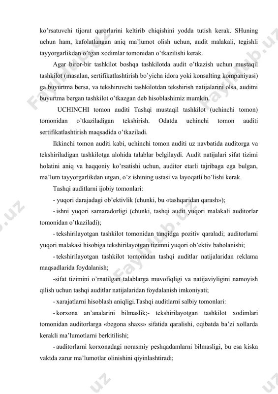 baholanishi; · tekshirilayotgan tashkilot tomonidan tashqi auditlar natijalaridan reklama maqsadlarida foydalanish; -sifat tizimini o’rnatilgan talablarga muvofiqligi va natijaviyligini namoyish qilish uchun tashqi auditlar natijalaridan foydalanish imkoniyati; · xarajatlarni hisoblash aniqligi.tashqi auditlarni salbiy tomonlari: · korxona an’analarini bilmaslik;- tekshirilayotgan tashkilot xodimlari tomonidan auditorlarga «begona shaxs» sifatida qaralishi, oqibatda ba’zi xollarda kerakli ma’lumotlarni berkitilishi; · auditorlarni korxonadagi norasmiy peshqadamlarni bilmasligi, bu esa kiska vaktda zarur ma’lumotlar olinishini qiyinlashtiradi; · auditor tomonidan audit mobaynida olingan maxfiy ma’lumotni oshkor qilinishi ehtimolining mavjudligi; · audit o’tkazish chegaralangan muddatlarda amalga oshirilishi sababli butun tizimni to’liq tekshirish imkoniyati yo’qligi, audit tanlab olingan ob’ektlarda utkazilganligi sababli xulosa mavjud ma’lumotlar asosida chiqariladi. sifat menejmenti tizimini sertifikatlashtirish idoralarini akkreditlash protseduralari. auditni bosqichlari. ichki va tashqi auditlar odatda ikki bosqichdan iborat buladi: moslikka (adekvatlik) tekshirish va muvofiqlikni tekshirish. moslikni tekshirish hujjatlashtirilgan tizim qo’llanilayotgan standart talablariga mosligi darajasi aniqlanadi.moslikni tekshirilishi quyidagicha bajarilishi mumkin: •qo’llanilayotgan standart talablarini, ushbu talablarga hujjatlashtirilgan tizimni mos keluvchi …