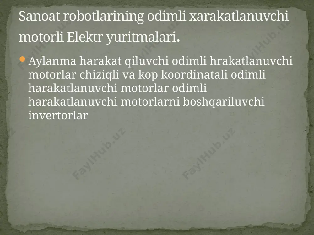 1/4 tish boʻlagiga teng boʻlgan elementar qadamga buriladi (bu namunadagi dvigatellar rotori 34 ta tishga ega boʻlib, qadami 2,650 ni tashkil etadi). fazalarni koʻrsatilgan tartibda qayta ulanishi qd ning turlicha elektr ulanishi, yoki kommutatorning kirishidan olib tashlansa, oxirgi impuls bilan ulangan qd ning fazasi tok ostida qoladi va rotorning holati belgilanib qoladi, yaʻni siljishning oxirgi koordinatasi eslab qolinadi. qd ni revers qilish uchun choʻlgʻamlarni qoʻzgʻatish ketma–ketligini teskari tomonga oʻzgartirish lozim qadam dvigatelini boshqaruvchi tizim yordamida qadamlar kattaligini osonlikcha oʻzgartirish mumkin. buning uchun boshqaruv aralash choʻlgʻamlarini turlicha sonini davriy ravishda qoʻzgʻaladi. masalan,choʻlgʻamlarni qoʻzgʻatishni quyidagi tartibda amalga oshrish mumkin: birinchi faza chulgʻami–birinchi va ikkinchi faza choʻlgʻamlari–ikkinchi faza chulgʻami va h.k. bu holda n=8 va qadamlar ikki marotabaga qisqaradi. sinxron dvigatellardan farqli ravishda qd lar, tinch holatdan, rotorni yugurtirmasdan turib tabiiy yoki majburiy tormozlanishdan sinxronizmga kirishga moʻljallangandir. ular chastotaning ishchi diapazonlarida toʻsatdan ishga tushish, toʻxtatish va reversni qadamlarni yoki boshqacha qilib aytganda maʻlumotni …