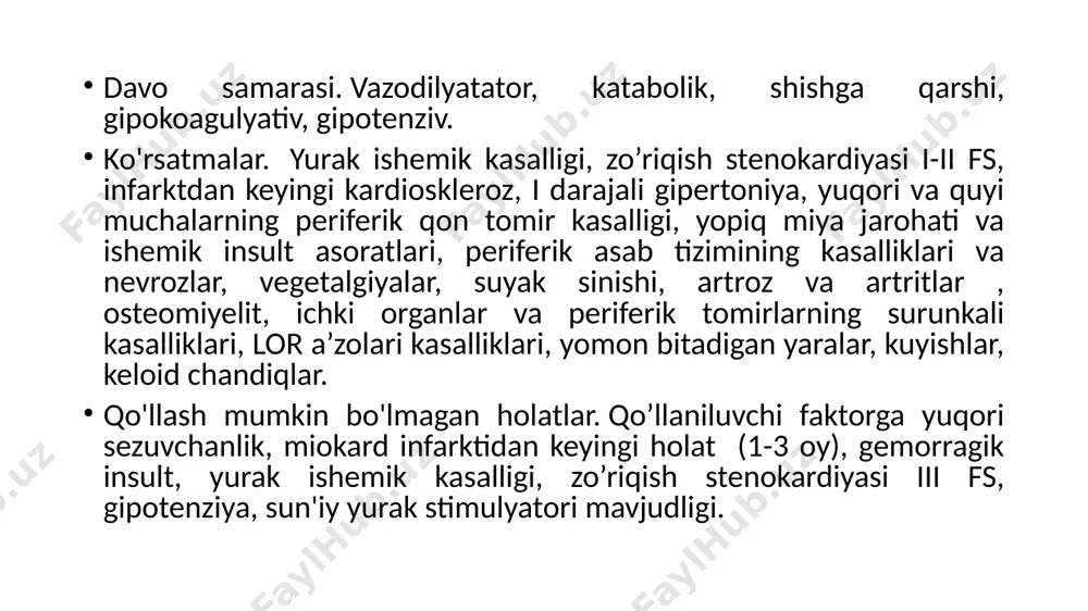 g chastotalari bilan o’lchanadi. to'qimalarga yutilib, detsimetr to'lqinlari nishon-tuzilmalarning tebranishli harakatlarini chaqiradi va ularning terapevtik ta'siri bo'lgan- qo’shiluvchi toklar (toki smesheniya) tashkil qiladi. nurlanish zichligi pastligida hujayralar va organoidlarning membrana tuzilmalarini konformatsion qayta tashkil etishi, ularning o'tkazuvchanligi va to'qimalarning suvsizlanishiga sabab bo'ladi. ta’sir intensivligi oshirilganda, biomolekulyarlarning tebranma harakatlarining amplitudasi kattalashadi va suvga boy parenximal organlarning to'qimalari, mushaklar va qon 9-11 sm chuqurlikka qiziydi va ularning metabolizmi oshadi. endokrin bezlarning nurlanishi gormon: gipotalamusda- rilizing omillarni, qalqonsimon bezda - tiroksin, buyrak usti bezlarida - biriktiruvchi to'qimalarining differentsiatsiyasini tormozlovchi glyukokortikoidlar sintetik jarayonlarini rag'batlantiradi. davo samarasi. yallig'lanishga qarshi, katabolik, gormonstimulyatsiyalovchi (past-intensiv dmt-terapiyasi); vazoaktiv, reparativ-regenerativ, trofostimulyatsiya (yuqori intensiv dmt-terapiyasi). ko'rsatmalar. peptik yara, bronxial astma, revmatoid artrit, deformatsiyalovchi osteoartroz, renovaskulyar gipertoniya, infarktdan keyingi kardioskleroz, faollik darajasi ii dan yuqori bo'lmagan revmatizm (past intensiv dmt-terapiya); ichki organlarning o’tkirosti va surunkali yallig'lanish kasalliklari (o’sok, xolesistit, adneksit, prostatit), miya arteriosklerozi (yuqori intensiv dmt terapiyasi). qo'llash mumkin bo'lmagan holatlar. o'tkir …