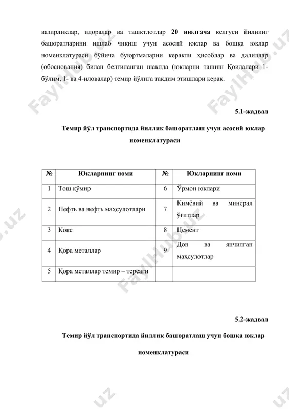 нг 20-банди квартал башоратларга бағишланган бўлиб, унда: - темир йўл транспортида юкларни ташишни ойлар бўйича тақсимланган квартал башоратлаштиришни темир йўли белгиланган тартибда амалга ошириши; - квартал башоратларида кварталда суткасига ўртача юк ортиш миқдори, ойлар ва юк турлари бўйича тақсимланган тоннада ва вагонларда ҳамда маршрутларда юкларни ташиш бўйича топшириқ назарда тутилиши; - юридик ва жисмоний шахслар ортиб жўнатадиган сабзавот, мевалар ва бошқа қишлоқ хўжалик маҳсулотлари асосий ойлик ва қўшимча режа ҳамда ортиш бошланишидан 5 кундан аввал юк жўнатувчи топширадиган бюртманомани тақдим этиш бўйича амалга оширилиши; - майда партияларда ва вагонланган жўнатмаларда давлат заҳираларидан ортиладиган озиқ овқат ва саноат товарлари, халқ истеъмол товарлари ташишга тақдим этиш бўйича қабул қилиниши, таъкидлаб ўтилган. темир йўл транспортида ойлар бўйича тақсимланган квартал башоратлаш (қуйида квартал башоратлаш деб юритилади) 43 та номдаги юклар номенклатураси бўйича ишлаб чиқилади. 32 та номдаги юклар номенклатураси бўйича (5.3-жадвал) ойлар бўйича тақсимланган квартал башоратлаш тонналарда ва вагонларда, 11 та номдаги юклар номенклатураси …