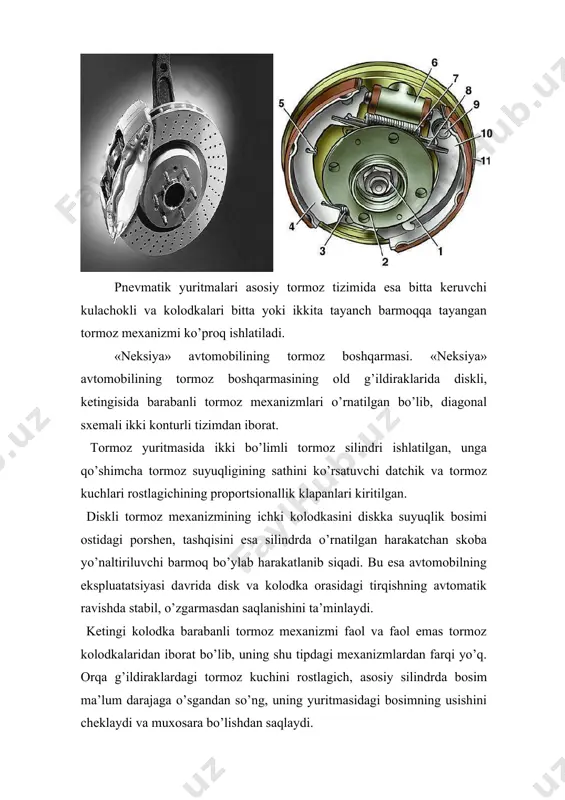 hun u bir qancha omillarni tahlil etishi kerak.masalan, bmw avtomobillarida eba tizimi quyidagi hollarda ishga tushadi: -asosiy tormoz tsilindrida bosim 3 mpa dan ortganda; -bosimni ortish tezligi 600 mpa/s bo’lganda; -avtomobilning tezligi 5km/soat dan katta bo’lganda; -avtomobil orqaga yurmaganda; -g’ildiraklarning hech bo’lmaganda bittasi abs rejimida ishlamaganda; faqatgina yuqoridagi shartlar bajarilgandagina kompyuter keskin tormozlanishni boshlaydi.haydovchi tormoz pedalini qo’yib yuborganda yoki avtomobilning harakat tezligi 5km/s gacha tushganda tizim o’z ishini to’xtatadi. tormozlanishning elektron boshqaruv tizimlari zamonaviy avtomobillarda keng qo’llanila boshlandi.bu tizimlar quyidagilardir: tormozlanishning elektron boshqaruv tizimlari tormoz yuritmasining electron tizimlari и etc cbc ebd eba abs dcs hds ets dsc - turg’unlikni ta’minlovchi tizim; abs - antiblokirovkalovchi tizim; hds (hill descent control) - qiyalikda avtomobilni avtomatik tormozlovchi tizim; ets -shataksiramaslikni ta’minlovchi tizim; svs (cornering brake control)- avtomobil burilishida tormoz kuchlarini bortlar bo’yicha taqsimlovchi tizim; ebd (electronic brake distribution) –tormoz kuchlarini o’qlarga elektron taqsimlovchi tizim; eva (electronic brake assist) - keskin tormozlanish tizimi; …