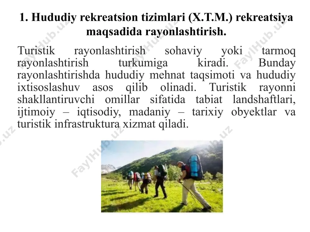 y turizm markazlaridan hisoblanadi. bu rayonga buxoro va navoiy viloyatlari kiradi. turistik resurslarga eng boy shahar bu buxoro shahridir. shahar o’zining 170 tadan ortiq bebaho, takrorlanmas tarixiy arxitektura yodgorliklari bilan jahonga mashhur. hozirgi kunda shaharning umumiy maydoni 710 gektardan ortiq bo’lib borgan sari go’zallashib bormoqda va sayyohlar oqimining ko’payishiga imkoniyat keng ochilmoqda. janubiy turistik rayon ma’muriy jihatdan qashqadaryo va surxondaryo viloyatlaridan iborat bo’lib, tarixiy va tabiiy turistik resurslarga ega. qashqadaryo viloyati o’zining qadimiy shaharlariga ega. qadimda yirik savdo va hunarmandchilik markazi hisoblangan shahrisabz shahri amir temur qurdirgan oqsaroy ansambli ko’plab diniy ziyoratgohlarga boydir. quyi amudaryo turistik rayoni o’zbekiston respublikasining eng g’arbiy qismida, ma’muriy jihatdan xorazm viloyati va qoraqalpog’iston respublikasidan iborat. u o’zining madaniy – tarixiy obidalari, arxeologik yodgorliklari, hunarmandchiligi va san’atining o’ziga xosligi, hamda tabiiy – rekreasiya resurslari bilan boshqa hududlardan ajralib turadi. albatta bu turistik rayonning o’zagini xorazm vohasi tashkil etadi. bu voha o’zining qadimiy madaniyati, ilmu – fan …