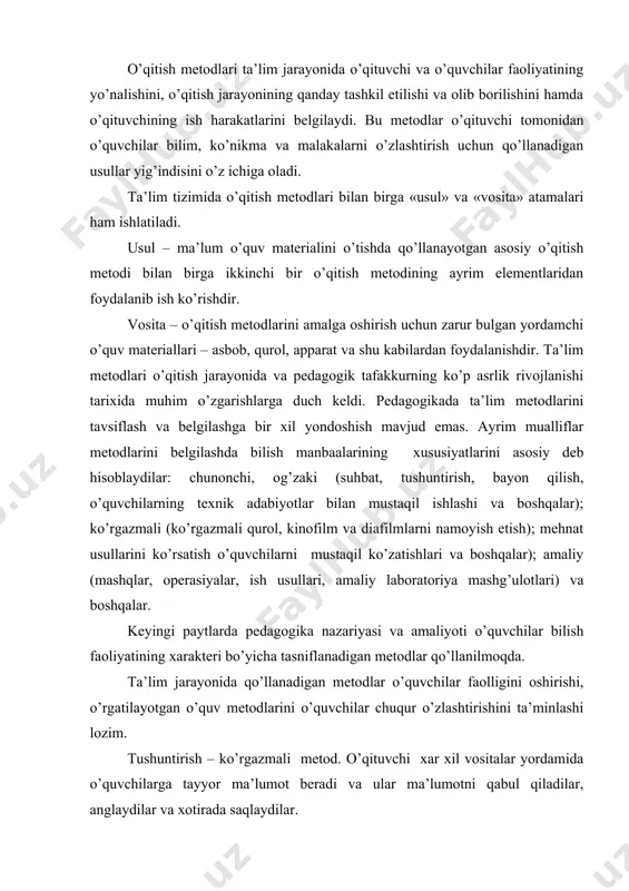 ka nazariyasi va amaliyoti o’quvchilar bilish faoliyatining xarakteri bo’yicha tasniflanadigan metodlar qo’llanilmoqda. ta’lim jarayonida qo’llanadigan metodlar o’quvchilar faolligini oshirishi, o’rgatilayotgan o’quv metodlarini o’quvchilar chuqur o’zlashtirishini ta’minlashi lozim. tushuntirish – ko’rgazmali metod. o’qituvchi xar xil vositalar yordamida o’quvchilarga tayyor ma’lumot beradi va ular ma’lumotni qabul qiladilar, anglaydilar va xotirada saqlaydilar. eslash metodi. o’qituvchi topshiriqlar tizimi bilan o’quvchilarning bilish faoliyatini tashkil etadi. o’quvchi esa tasvirlar bo’yicha ko’nikma va malakalarni egallaydilar. o’quvchilar bilimining xajmi ortib borgan sari birinchi metoddan ikkinchisi bilan birga foydalanish ko’payib boradi. muammoli bayon. o’qituvchi muammoli vaziyatni vujudga keltiradi, dars davomida uni hal o’ilish yullarini tushuntirib boradi va hal qiladi. o’quvchilar o’qituvchi bilan birgalikda muammoni hal qilishda faol ishtirok etadilar. tadqiqot metodi o’quvchilarning yangi muammoni hal qilishdagi mustaqil izlanishi va ijodiy faoliyatini tashkil etish usulidir. bunda o’qituvchi ularga tayyor muammoni bayon qilmaydi. uni o’quvchilarning o’zlari o’quv materialini o’zlashtirish jarayonida topadilar. shundan so’ng o’qituvchi muammoli vaziyatni vujudga keltiradi. an’anaviy o’qitish metodlari …