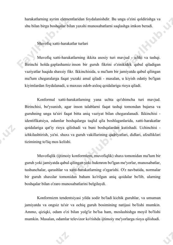 'lgan xatti-harakatlarni istisno qilish orqali jamiyatning muammosiz va bashoratli ishlashiga yordam beradi. albatta, bularning barchasi o'z fikringiz yoki dunyoga noyob nuqtai nazaringiz bo'lmasligi kerak degani emas. bu shuni anglatadiki, har qanday jamiyat (afrikalik qabilalar yoki google ofisi bo'ladimi) o'zining yozilmagan qoidalariga ega bo'lib, ularga rioya qilish kerak. konformizm turlari muvofiqlikning bir qancha tasniflari mavjud. muvofiqlik oqilona va irratsional bo'lishi mumkin: · ratsionallik insonning muayyan mulohaza va mulohazalar asosida boshqariladigan xatti-harakatlarini o'z ichiga oladi. · irratsional konformizm (poda xatti-harakati) - bu odamning boshqa birovning xatti-harakati ta'siri natijasida instinktiv, intuitiv va ongsiz jarayonlar ta'siri ostida namoyon bo'ladigan xatti-harakati. ichki va tashqi konformizmga an'anaviy bo'linish ko'rib chiqiladi: · ichki shaxs o'z qarashlari va pozitsiyalarini haqiqiy qayta ko'rib chiqish bilan bog'liq bo'lib, bu o'z-o'zini tsenzuraga juda o'xshaydi. · tashqi jamiyatda mavjud bo'lgan me'yorlar va xatti-harakatlarni qabul qilishni anglatadi, ammo fikrni ichki qabul qilish yo'q. biroq, aynan shu konformizm kanonik hisoblanadi, chunki bu tashqi o'zgarishdir. …