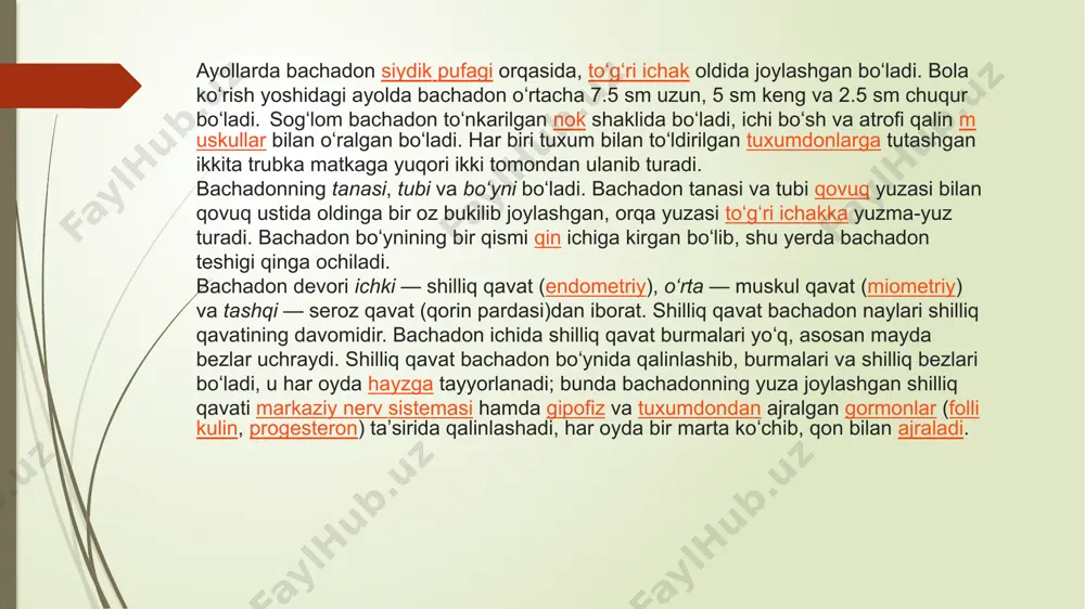 ayli bepushtlik va bachadon naychasining yorilishini davolash uchun ishlatiladi. tuxumdon — odam va hayvonlardagi urgʻochilik jinsiy bezi. tuxumdonda tuxumhujayra hosil boʻladi va yetiladi (faqat bulutlar va tuban kovakichlilarda tuxumdon alohida organ sifatida shakllanmagan). umurtqali hayvonlarda tuxumdon ichki sekretsiya bezi sifatida gormon (follikulin va boshqalar) ham ishlab chiqaradi. tuxumdon embrion hujayra paylari oʻsgan biriktiruvchi toʻqimali asosdan iborat; bu paylar dumaloq follikulalarga (ichida faqat bitta tuxumhujayra rivojlanadi) va bir qator somatik yoki follikulyar hujayralarga (taraqqiy etayotgan tuxumhujayra atrofida joylashgan) ajraladi. yetilgan follikulalar tuxumdon sirtiga siljiydi va tuxum tuxumdon devori yoriqlaridan tana boʻshligʻiga tushadi. sut emizuvchilarda yorilgan follikulalar oʻrnida sariq tana rivojlanadi. odam tuxumdoni ovalsimon shaklda; bachadonning ikki yonida, kichik chanoqda joylashgan; uning keng boylamlariga (bachadon nayidan pastroqqa) birikkan. ayollarning yoshiga va organizmning umumiy funksional holatiga qarab tuxumdonning jinsiy faoliyati turlicha boʻladi. erkak va ayollarning reproduktiv toksikligi kasbiy salomatlik xavfini ko'rib chiqishga qiziqish ortib borayotgan mavzulardir. reproduktiv toksiklik reproduktiv tizimga atrof-muhit omillari ta'sirida …