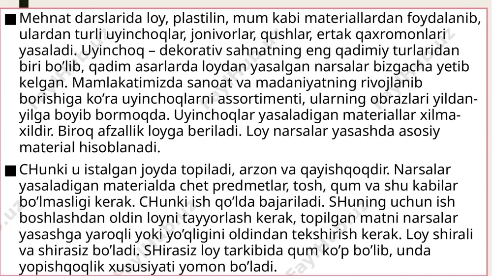 ilan ishlashda kerak bo’ladigan usullar. yumoloqlik – bu parcha loydan shar yasash, unga olcha, olma kabilar shaklini berishdir. bir bo’lak loydan kaftda aylana harakatlar bilan shar yasaladi. shar yasash, so’ngra uzunasiga harakatlar bilan uni tuxum, ustun kabilarga aylantirish. yassilash – sharikdan yassi non yasaladi, qulning holati doimo o’zgarib turadi. chuzish – sharikning bir qismi chuziladi. surish (yamash) buyumning ayrim qismlarini o’zaro biriktirish. loy va plastillin bilan ishlash mashg’ulotlarini tashkil etish va o’tkazishda ish joyini bekamu-ko’st jihozlanganligi muhim ahamiyatga egadir.shuni qayd etish lozimki, o’zbekiston issiq iqlim sharoitida narsalar yasash buyicha amaliy mashgulotlarni loydan bajargan maqul, chunki plastilindan yasalgan narsalar issikda o’z shaklini tez yo’qotadi. ishni oddiy predmetlar: sabzavot-mevalarni yasashdan boshlash kerak. bunda tayyor namuna yoki rasm buyicha ishlashni taklif etish mumkin. ukuvchilar narsalarni yasash usullarini egallab olganlaridan sung uyinchoklar, badiiy bezakli dekorativ idishlarni yasashga utishlari mumkin. e’tiboringiz uchun raxmat image3.png image4.png image5.png /docprops/thumbnail.jpeg