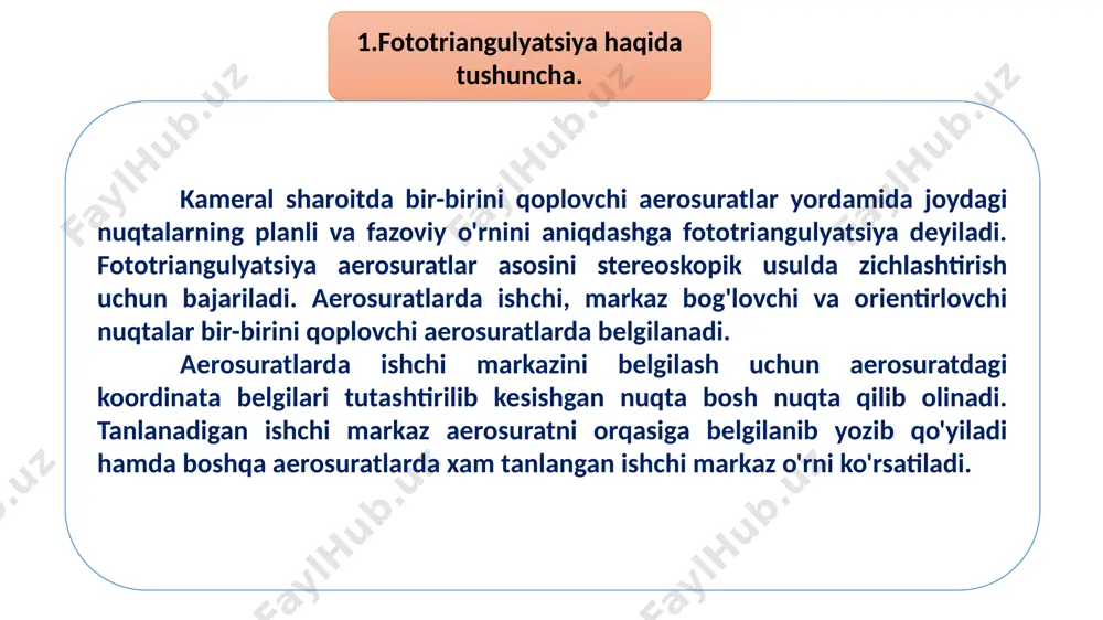 b qo'yiladi va nuqtalar o‘tkaziladi. to'g'ri kesishtirish usuli bilan bog'lovchi, orientirlovchi nuqtalar o'rni aniqlanadi. uchinchi yo‘nalish kalkasi ham bosh yo‘nalish bo'yicha qo'yiladi. markaziy yo‘nalishni uch marotaba kesishgan joyda tayanch va bog'lovchi nuqtalar hosil bo'ladi. markaziy yo‘nalishni ikki marotaba kesishgan joyda orientirlovchi nuqtalar hosil bo'ladi va bu nuqtalar asosga yozib qo'yiladi. 2. bir marshrutli fototriangulyatsiya qatorini tuzish. fototriangulyatsiya qatorini belgilangan masshtabda yagona geodezik tizimga keltirishga reduksiyalash deyiladi. fototriangulyatsiya qatorini optik, grafoanalitik, grafik, mexanik usullarda reduksiyalash mumkin. amaliyotda optik usuldan keng foydalaniladi. fototriangulyatsiya qatorini grafik reduksiyalash uchun asosdan barcha nuqtalar o'rni kalka qog'ozga tushiriladi va geodezik tayanch nuqtalar o'rni koordinatalari bo'yicha o'rni belgilanib birlashtiriladi. reduksiyalash kalka qog'ozini chizma qog‘ozdagi tayanch nuqta ustiga ustma-ust tushirish bilan boshlanadi. 1-shakl. bir marshrutli fototriangulyatsiya qatorini tuzish. keyingi tayanch nuqtalar ham xuddi shu tartibda amalga oshiriladi. keyin kalka qog'ozidagi orientirlovchi nuqtalar o'rni chizma qog'ozga igna bilan tushiriladi va tayanch nuqta bilan yo‘nalish o'rni belgilab qo'yiladi. kalka qog'ozi …