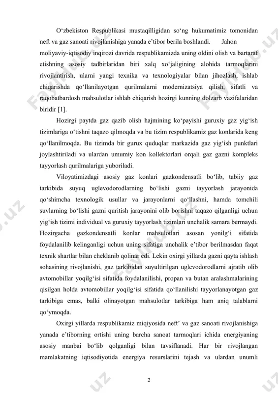 sifatida qo‘llanilishi tayyorlanayotgan gaz tarkibiga emas, balki olinayotgan mahsulotlar tarkibiga ham aniq talablarni qo‘ymoqda. oxirgi yillarda respublikamiz miqiyosida neft’ va gaz sanoati rivojlanishiga yanada e’tiborning ortishi uning barcha sanoat tarmoqlari ichida energiyaning asosiy manbai bo‘lib qolganligi bilan tavsiflanadi. har bir rivojlangan mamlakatning iqtisodiyotida energiya resurslarini tejash va ulardan unumli foydalanish ishlab chiqarish sharoitida qo‘llanilayotgan texnika va texnologiyalarning sifat va samaradorlik ko‘rsatkichlari bilan belgilanadi. adsorbsiya xaqida asosiy tushunchalar. har qanday geterogen jarayonlar, masalan qattiq jismning parchalanishi yoki qattiq ximiyaviy birikmaga aylanishi, qattiq jismning erishi, gazlar va suyuqliklarning bug‘lanishi, sublimatlanish va shunga o‘xshashlar, shu bilan birga geterogen katalizning hamda elektroximiyaviy jarayonlarning eng muxim xodisalari sirt-yuza chegaralarida, ya’ni qattiq jism-gaz, qattiq jism-suyuqlik, qattiq jism-qattiq jism, suyuqlik-gaz, suyuqlik-suyuqlik chegaralarida sodir bo‘ladi. ma’lumki, har qanday jism uning agregat holatidan qat’iy nazar boshqa bir faza bilan doimiy ravishda ta’sirlanib turadi. ana shu ta’sirlashuvlar jismlarning tegib turgan fazalarida sodir bo‘ladi. jismning boshqa faza bilan tegib turgan joyidagi …