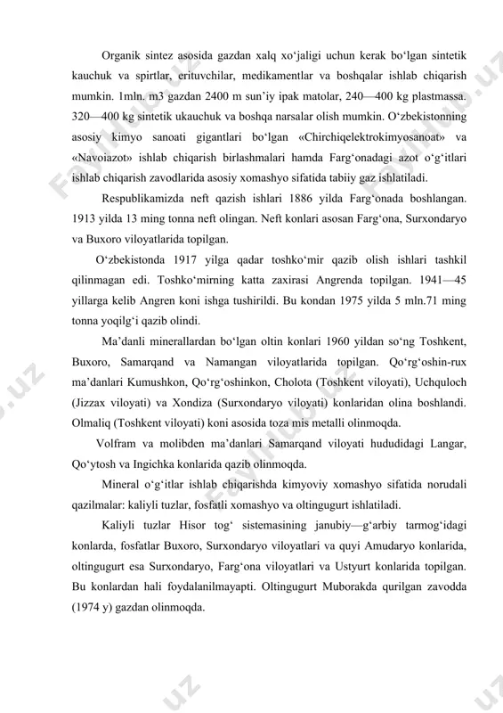 ugurt esa surxondaryo, farg‘ona viloyatlari va ustyurt konlarida topilgan. bu konlardan hali foydalanilmayapti. oltingugurt muborakda qurilgan zavodda (1974 y) gazdan olinmoqda. oziq-ovqat, kimyo, qog‘oz va shisha ishlab chiqarish, metallurgiya va yengil sanoatlarida keng ishlatiladigan norudali xomashyo—natriy xlorid va natriy sulfatlarning katta konlari buxoro, hisor va quyi amudaryo hududlarida topilgan. kimyo, rezina, qog‘oz sanoatida to‘ldiruvchi, hamda keramika va qurilish materiallari ishlab chiqarishda ishlatiladigan texnik xomashyo—talk —silikatli mineral 3mgo∙4sio2∙n2o ning katta zahirasi quyi amudaryo va sulton uvays tog‘larida topilgan. chinni va qoplama plitalar zavodi uchun xomashyo-kaolinning katta zahirasi angrenda, bentonit konlari esa oqmozor (buxoro) va kattaqo‘rg‘on (samarqand) da bor. o‘zbekistonda 12 marmar (rozg‘on, kitob, og‘alik, jom va hakozo) va 8 granit konlari bor. xomashyoni boyitish usullari xomashyo tarkibidagi foydali elementlarining miqdorini oshirish va keraksiz jinslardan qutilish maqsadida xomashyo boyitiladi. ishlab chiqarishda boyitilgan xomashyoni ishlatish transport xarajatlari va sarf qilingan energiya miqdorini kamaytirishga, hamda ba’zi reaksiyalarda ajralib chiqqan energiyadan samarali foydalanishga olib keladi. …