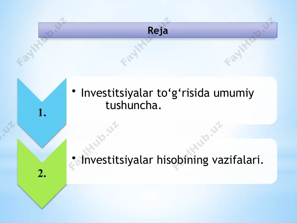 d olishga (foiz, royalti, dividend ва ijara haqi shaklida) mo‘ljallangan, investitsiya qilingan sarmoya qiymatining ortishi ёки investitsiya qiluvchi kompaniya boshqa naf olish uchun foydalanadigan aktivlar. intelektual investitsiyalar bu korxonaning intelekrual boyliklarni xarid qilishga sarflangan mablag’lardir. 2. investitsiyalar hisobining vazifalari. 1. moliyaviy investitsiyalarni ва ular бўйича олинган daromadlarni o‘z vaqtida ва to‘g‘ri aniqlash; 2. moliyaviy investitsiyalar uchun ajratilgan mablag‘larni o‘z vaqtida hisobdan chiqarishni taʼminlash; 3. moliyaviy investitsiyalarni ҳисобга olishda bhmslarini keng qo‘llash; 4. moliyaviy investitsiyalardan olingan daromadlarning korxona moliyaviy natijalarida aks ettirilishini taʼminlash; 5. moliyaviy investitsiyalardan olingan daromadlardan byudjetga tegishli qismini amaldagi meʼyoriy hujjatlarga, soliq kodeksining talabiga muvofiq to‘g‘ri hisoblashni tashkil qilish, byudjetga tegishli qismini o‘z vaqtida o‘tkazishni taʼminlash; 6. moliyaviy investitsiyalar hisobiga kelib tushgan mablag‘lardan korxonani kengaytirish, rivojlantirish ва korxona jamoasi ehtiyoji uchun ishlatishni taʼminlash. 3. investitsiyalarni turkumlanishi ва tarkibi. •uzoq muddatli moliyaviy investitsiyalar bu uzoq muomala muddatiga ega (12 oydan ortiq) aktivlarning sotib olinishiga oid investitsiyalardir. •qisqa muddatli moliyaviy …