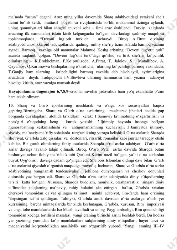 g‘ri chiziq (—) shakllari bilan belgilasak, shu belgilarning ma’lum tartibda takrorlanishi —yunon she’rining vaznini hosil qiladi. yo‘l-yo‘lakay eslatib o‘tish kerakki, talaffuzning talabiga qarab, ba’zan ikki qisqa hijoni bir uzun hijo bilan almashtirish ham mumkin bo‘lgan. masalan, gekzametr vazni olti turoqdan iborat bo‘lib, bu turoqlarning har qaysisi daktil deb atalgan bir uzun,ikki qisqa (— u u), bo‘g‘indan tarkib topgandir. she’rning ohangdor bo‘lishi uchun, oxirgi turoq spondiy deb ataluvchi ikki uzun hijo (——) bilan almashtirib talaffuz etiladi 4. qadimgi dunyo lirikasi vakillaridan kimlarni bilasiz ?tantanali lirikaga, ayniqsa,uning ma’budlarga atalmish diniy tarmog‘iga asos solgan shoirlar sifatida bir qancha shaxslarning nomlari tilga olinadi. bular – areon, alkman, stesixor, ivik va boshqalardir. bizga qadar yetib kelgan tantanali lirikaning ko‘pchiligi may va shodlik ma’budi dionisga bag‘ishlangan bo‘lib, qadimgi yunonlar bu toifa asarlarni “difiramb” deb ataganlar.yunon poeziyasida yamb hamda elegiya bilan birga mil.avv. vii–vi asrlarda monodik, ya’ni yakkaxon lirika ham nihoyatda tez rivojlangan bo‘lib, she’riyatning bu turi …