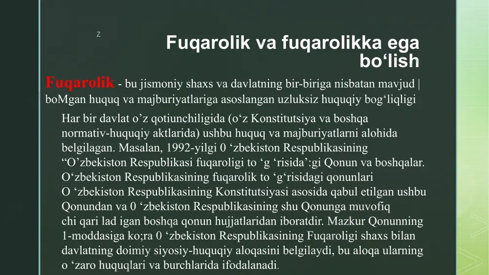 larda fuqarolik bo ‘yicha o‘z milliy qonunchiligi 1954-yilgi apatridlar maqomi to ‘g ‘risidagi konvensiya, 1961-yilgi fuqarosizlikni kamaytirish to ‘g ‘risidagi konvensiyalaming norma va prinsiplariga moslashtirib shakllantirilgan. 1954-yilgi apatridlar maqomi to ‘g ‘risidagi konvensiyada apatridlarning huquqlarining chet elliklarni huquqlari bilan tenglashtirilishni davlatlardan talab qiladi z chet el fuqarolari chet el fuqarosi - ma’lum bir davlatning fuqarosi bo‘lmagan, ammo uning hududida doimiy yoki vaqtincha ravishda istiqomat qiladigan va, albatta, boshqa bir davlatn ing fuqaroligiga ega bomgan jismoniy shaxsdir._______ har bir davlat o ‘z ixtiyoriga ko ‘ra chet el fuqarolari ning o‘z hududiga kiritish tartibini hamda ularning yashash shartlarini o 'z qonunchiligi asosida hal qiladi. ma’lumki, ko’pchilik davlatlar o ‘z hududiga chet el fuqarolarining kirib kelishi uchun ma’lum vaqtga maxsus ruxsat(viza) berishlari kerak. ma’lum bir hududiy tashkilotlar doirasida mintaqaviy kelishuv asosida viza rejimi bekor qilingan. masalan, mdh davlatlar doirasida 1992-yilgi mdh davlatlari fuqarolarining ishtirokchi davlatlar hududida vizasiz harakatlanishi to ‘g’risidagi kelishuv asosida vizasiz …