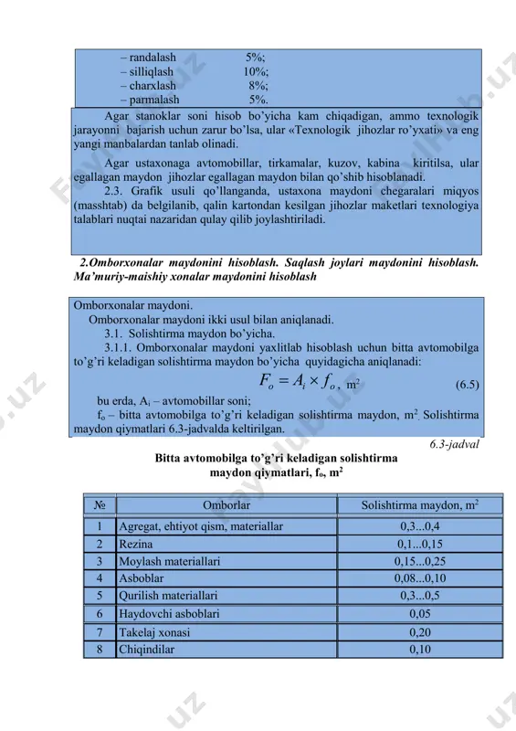 olishtirma yuza bo’yi-cha omborxona maydoni: 610 аstsyiо кккflaf , m2 (6.6) bu erda fc - 1 mln.km yo’lga to’g’ri keladigan colishtirma maydon, m2; kt , ks , ka - avtomobil turlari, soni va aralashligini hisobga oluvchi koeffitsientlar. 1 mln. km yo’lga to’g’ri keladigan solishtirma, maydonlar qiymati fs, 5.6 – jadvalda, avtomobillar turini hisobga oluvchi koeffitsient kt 5.7 – jadvalda, avtomobillar sonini hisobga oluvchi koeffitsient ka 6.4 – jadvalda keltirilgan. 6.4-jadval ombor yuzalarini yaxlitlab hisoblash uchun solishtirma maydon, fc , m2/1 mln.km № ombor nomi yengil avtomobillar avtobuslar yuk avtomobil-lari tirkama va yarim tirkamalar 1 2 3 4 5 6 1. ehtiyot qism 1,6 3,0 3,5 0,9 2. materiallar 1,5 3,0 3,0 0,6 3. agregat 1,5 6,0 5,5 - 4. shina 1,5 3,2 2,3 1,7 1 2 3 4 5 6 5. moy mahsulotlari 2,6 4,3 3,5 - 6. bo’yoqlar 0,6 3,5 1,0 0,4 7. kimyo mahsulotlari 0,15 0,25 0,25 - …