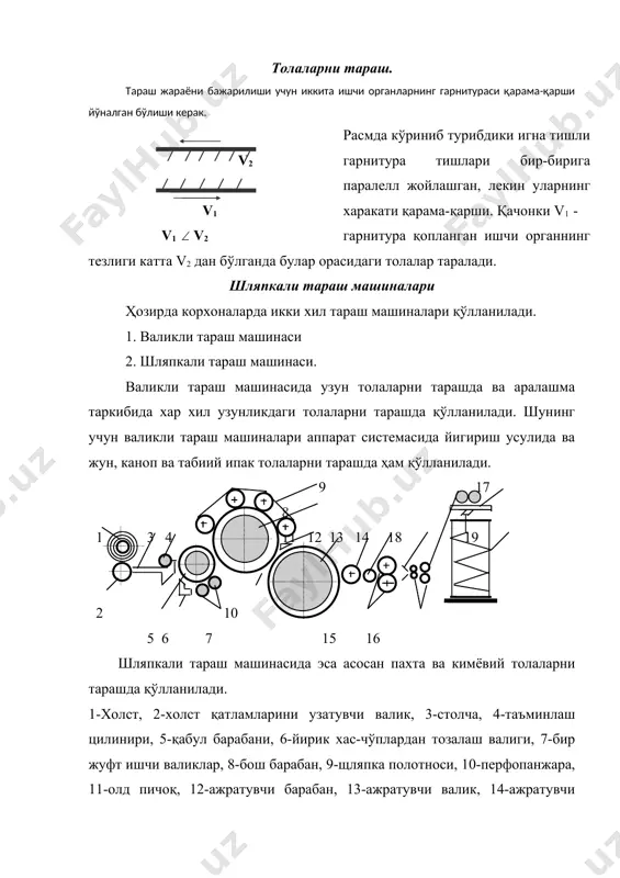ри келадиган тишлар сони куйидагича аниқланади. бу формула қабул барабанинг интенсивлиги формуласи хисобланади. бу ерда: n - қабул барабнинг тезлиги мин- 1., z - барабан сиртидаги тишлар сони, lт - толанинг узунлиги мм, тх - холстнинг йўғонлиги текс, vт.ц - таъминловчи цилиндр тезлиги. м/мин. адабиётлар: 1. и.а. каримов. узбекистон xxi аср бусагасида: хавсизликка тахдид, баркарорлик шартлари ва тараккиёт кафолатлари. т.1997 й., 3-10 бет. 2. и.а. каримов. хозирги боскичдан демократик ислохотларни чукурлаштиришнинг мухим вазифалари. “халк сузи”, 1996, 30 авт. 3. и.а. каримов. буюк келажагимизнинг. хукукий кафолати. т., “шарк”, 1993. 6 бет. 4. узбекистон республикаси конституцияси. т., 1992. 70-75 бетлар. 5. типовое положение об организации обучения и проверки знаний по охране труда № 272. 14.08.96 й. ап. тпк. ташкент, навои 30. 6. о. кудратов. ипакчилик саноатида мехнат мухофазаси. т. “узбекистон -1995 й 232 бет. 7. т.а. ганиев. тукимачилик саноатида мехнат мухафазаси. т. “узбекистон”-1995 й. 149 бет. 8. узбекистон республикасининг механат кодекси. тошкент. …