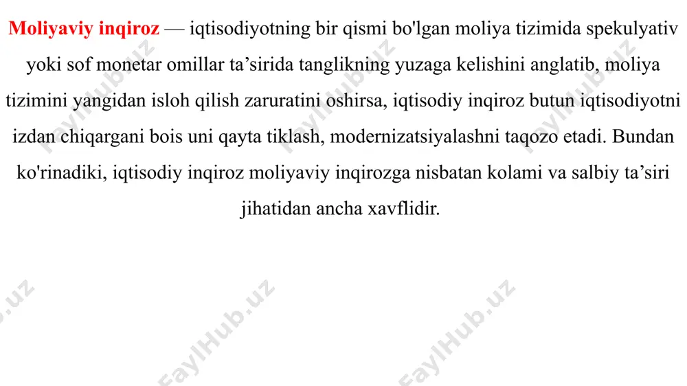 tavsiflovchi asosiy omillar moliyaviy inqiroz moliya sektori va moliya bozorlarida yuzaga kelishi foiz stavka- sining oshishi, bank va nobank muassasalar to‘lov qobiliyatining pasayishi, muammoli aktivlar salmog‘ining ortishi, iqtisodiyot va uy xo'jaliklariga beriladigan kreditlar hajmining qisqarishi, bankrollikning zanjirli bog‘lanish kasb etishi, qimmatli qog‘ozlar baholarining keng komamli pasayishi, to‘lov tizimining tanaz- zulga uchrashi, notolovlar hajmining ortishi, hosilaviy qimmatli qog‘ozlar bozorida yirik hajmdagi zararlarning yuzaga kelishi, moliya bozori va moliya muassasalari likvidliligining tushib keti- shi, domino effekti orqali esa bank sarosimasining vujudga kelishi kabi oqibatlarga olib keladi. xalqaro moliya sohasida moliyaviy inqirozning yuz berishi milliy valuta almaslniv kursining tartibga solib bo‘lmas darajada pasayishi, mamlakatdan kapitalning keng kolamda chiqib ketishi, davlat va tijorat tashkilotlari tashqi qarzi va ular bo‘yicha muddati o‘tgan qarzdorlik hajmining ortishi, tizimli riskning xalqaro bozorlar va boshqa davlatlar moliya bozorlariga ko‘chishiga sabab bo‘ladi. pul muomalasi sohasida moliyaviy inqiroz baholarning keskin tarzda ko‘tarilishi va uning surunkali inflyatsiyaga aylanishi, milliy valutadan qochish va …