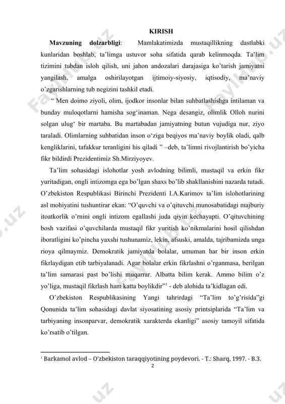 deb alohida ta’kidlagan edi. o’zbekiston respublikasining yangi tahrirdagi “ta’lim to’g’risida”gi qonunida ta’lim sohasidagi davlat siyosatining asosiy printsiplarida “ta’lim va tarbiyaning insonparvar, demokratik xarakterda ekanligi” asosiy tamoyil sifatida ko’rsatib o’tilgan. ushbu tamoyilga asosan, o’zbekistonda insonparvar, demokratik, huquqiy davlat, ochiq, fuqarolik jamiyati barpo etish, jamiyatni ma’naviy yuksaltirish, bozor iqtisodiga o’tishni bosqichma-bosqich amalga oshirishga yo’naltirilgan jamiyat qurish uchun ta’lim islohotlarida o’quvchi shaxsining har tomonlama uyg’un kamol topishi, erkin va mustaqil fikr yuritishga yo’llaydigan ta’limni demokratlashtirish va insonparvarlashtirish shart-sharoitlari va qulay mexanizmini yaratish muhim vazifa qilib qo’yiladi. mazkur talablar “o’zbekiston respublikasi konstitutsiyasi”ning ta’lim to’g’risidagi asosiy qoidalariga tayanilgan. asosiy qonunda “o’zbekiston respublikasida demokratiya umuminsoniy printsiplarga asoslanadi, ularga ko’ra inson, uning hayoti, erkinligi, sha’ni, qadr-qimmati va boshqa daxlsiz huquqlari oliy qadriyat xisoblanadi”- deb alohida ko’rsatib o’tilgan. ta’lim to’g’risidagi qonunda “yuksak umumiy va kasb-hunar madaniyatiga, ijodiy va ijtimoiy faollikka, ijtimoiy-siyosiy hayotda mustaqil ravishda mo’ljalni to’g’ri ola bilish mahoratiga ega bo’lgan, istiqbol vazifalarni ilgari surish va hal etishga …