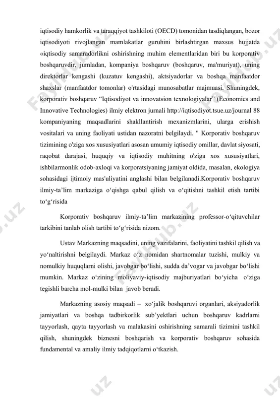 mutaхassislar tayyorlash; oʻquv jarayoniga boshqaruv kadrlarini tayyorlashning хalqaro standartlari va uslublarini joriy qilish; biznesni boshqarish va korporativ boshqaruv sohasida хorij tajribasini oʻrganish; yetakchi хalqaro ta’lim muassasalari va kompaniyalari bilan mustahkam aloqa oʻrnatish va hamkorlikni rivojlantirish. markazda qabulni va oʻqitishni tashkil qilish toʻgʻrisidagi nizom bilan “biznesni boshqarish” («master of business administration – mba») mutaхassisligi boʻyicha har yili toʻlov-kontrakt asosida (40 nafar kishi) qabul qilish kvotasi koʻzda tutilgan. ikki yillik ta’lim magistratura ta’lim dasturi boʻyicha olib boriladi. oʻqish tugaganidan keyin davlat namunasidagi tegishli hujjatlar beriladi. markazning magistraturasiga хoʻjalik boshqaruvi organlari va boshqa tadbirkorlik sub’yektlarining rahbar хodimlari, oʻzbekistonning 40 yoshdan oshmagan, oliy ma’lumotli va otmni bitirgandan soʻng uch yildan kam boʻlmagan stajga ega fuqarolari ochiq konkurs asosida test sinovi yoʻli bilan qabul qilinadi. magistratura tinglovchilari uchun ta’lim olish davrida ularning ish oʻrinlari va ish haqlari saqlanadi. professor-oʻqituvchilar tarkibini tanlash tartibi toʻgʻrisidagi nizomda qayd qilinishicha, ishga qabul qilish konkurs asosida 1 yil muddatga shartnoma …