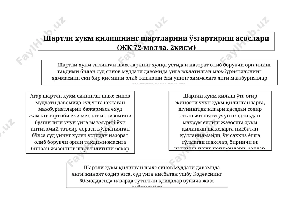 ланган ёки ахлоқ тузатиш ишларига ҳукм қилинган шахсларга нисбатан суд жазонинг ўталмаган қисмини енгилроқ жазо билан алмаштириш мумкин жазонинг ўталмаган қисмини енгилроғи билан алмаштириш нисбатан қўлланилмайди: а) умрбод ёки узоқ муддатга озодликдан маҳрум қилишга ҳукм этилган шахсга; б) ўта хавфли рецидивистга; в) уюшган гуруҳ ёки жиноий уюшманинг ташкилотчи ва қатнашувчиларига; г) жавобгарликни оғирлаштирадиган ҳолатларда қасддан одам ўлдириш, ўн тўрт ёшга тўлмаганлиги айбдорга аён бўлган жабрланувчининг номусига тегиш ёки унга нисбатан зўрлик ишлатиб, жинсий эҳтиёжни ғайритабиий усулда қондириш, ўзбекистон республикасига, тинчлик ва инсоният хавфсизлигига қарши жиноят содир этиш, ядровий, кимёвий, биологик ва бошєа хилдаги оммавий қирғин қуролларини, шундай қуролларни ишлаб чиқариш учун фойдаланиш мумкинлиги аён бўлган материал ва ускуналарни, гиёвандлик воситалари ёки психотроп моддаларни контрабанда қилиш учун ҳукм қилинган шахсларга озодликдан маҳрум қилиш тариєасидаги жазонинг ўталмаган қисми ахлоқ тузатиш ишлари билан алмаштирилганда ахлоқ тузатиш ишлари озодликдан маҳрум єилиш жазосининг ўталмаган қисми муддатига тайинланади, бунда алмаштирилган жазонинг муддати озодликдан маҳрум қилиш жазосининг …