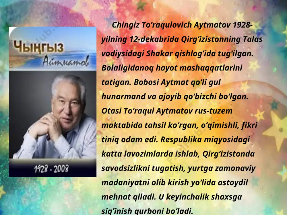 sga ko’rsatgan ta’siri bilan qiyoslash mumkin ” deb yozgan edi. yozuvchi har bir asarining voqeasini hayotdan oladi. voqealarga sayqal berib, go‘zallashtirib yana hayotga qaytaradi. u o‘z asrlarida mehnatni ulug’laydi. ayni chog’da mehnatkash inson obrazini juda go‘zal tarzda yaratadi. shoʻro davrida adib oʻzining "togʻlar va dashtlar qissasi" asari uchun davlatning eng oliy mukofotiga sazovor boʻlgan edi. chingiz aytmatovning deyarli barcha badiiy asarlari oʻzbekchaga tarjima qilingan. ulugʻ yozuvchi 2008- yilning 10- iyunida sakson yoshida ogʻir kasallikdan vafot etdi.