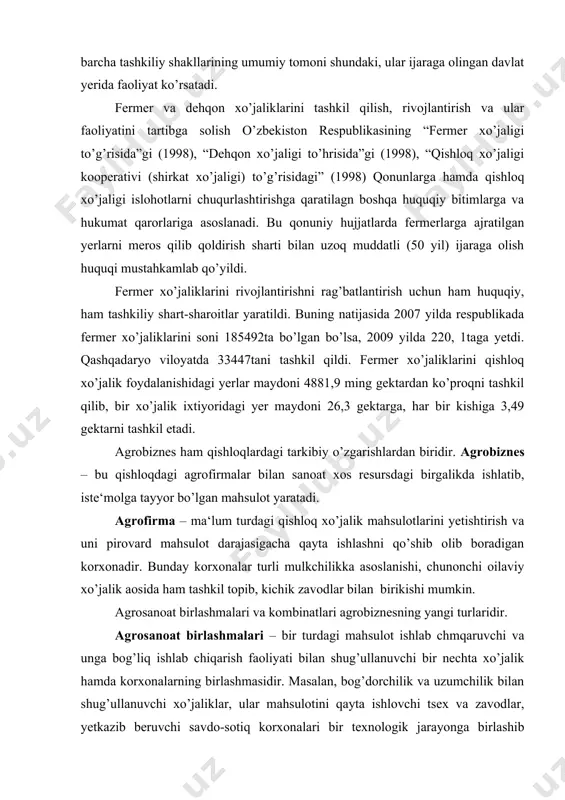 tadi, chunki agrar sohadagi ishlab chiqarish tirik mavjudotlar – yer, o’simlik, chorva mollari bilan bevosita bog’liqdir. bu yerda yer - mehnat ashyosi (predmeti) va asosiy ishlab chiqarish vositasi, xo’jalik yuritish ob‘ekti bo’lib, u eskirmaydi, yeyilmaydi, unga munosabat yaxshi bo’lsa, uning unumdorligi yaxshi bo’ladi. uzoq yillar davomida tabiiy o’zgarishlar natijasida yerning ustki qatlamida o’simlik “oziqlanishi” mumkin bo’lgan turli moddalarning vujudga kelishi yerning tabiiy unumdorligi deyiladi. agrar tuproq unumdorligi kishilarning tabiatga ta‘siri natijasida, ya‘ni tuproq tarkibi va dehqonchilik usullarini yaxshilash sun‘iy yo’l bilan (masalan, yerni organik va kimyoviy o’g’itlash, ishlab chiqarishni mexanizatsiyalash, ilmiy asoslangan sug’orish, irrigatsiya va melioratsiya kabi ishlab chiqarish usullarini joriy qilish hamda shu kabi yo’llar bilan) amalga oshirilsa, bu iqtisodiy unumdorlikni tashkil qiladi. qishloq xo’jaligida foydalanadigan barcha ishlab chiqarish vositalari xususiy, shaxsiy, jamoa mulk shaklida bo’lish mumkin. hozirgi paytda qishloq ho’jaligida xo’jalik yuritishning asosiy ko’rinishlari fermer va dehqon shakllarida bo’lib, ulardan ishlab chiqarish jarayonlari turli iqlim va tuproq sharoitlaridan …