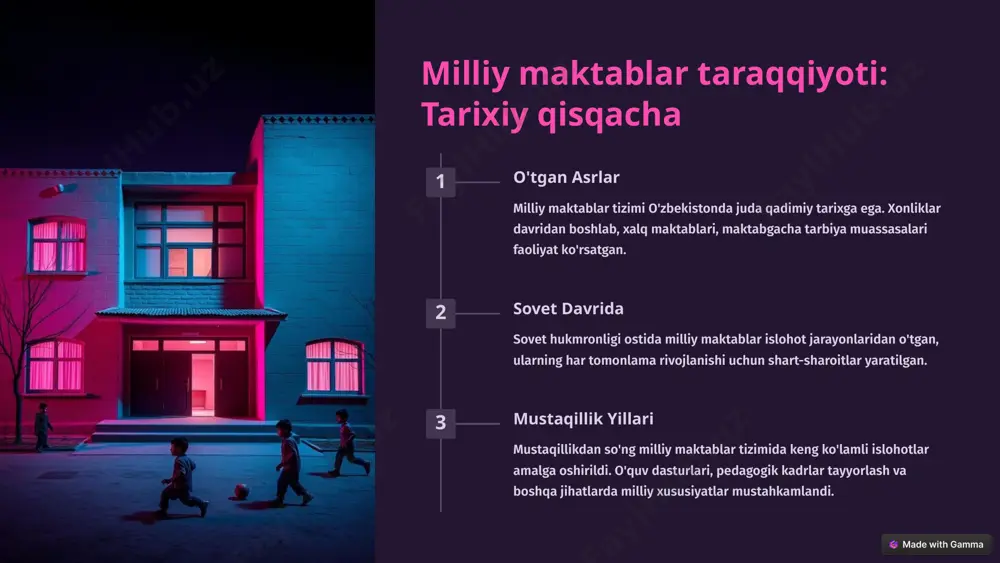 y qadriyatlarimizni yaxshi biladigan o'qituvchilar tayyorlash dolzarb masala. 4 milliy maktablar muammolarini hal etishda yangi yondashuvlar zamonaviy ta'lim texnologiyalarini joriy etish onlayn ta'lim, masofaviy o'qitish, virtual sinf xonalari, multi-media darslik va vositalar tadbiq etish. innovatsion yondashuvlarni rivojlantirish ijodiy, tanqidiy fikrlashni rivojlantirish, stem yo'nalishlarini yanada kuchaytirib borish. xalqaro hamkorlikni kengaytirish chet el pedagogika tajribasidan foydalanish, milliy maktablarni xalqaro standartlarga mos kelishini ta'minlash. qadriyatlar va urf-odatlarni saqlash milliy maktablarda an'anaviy qadriyatlar, tili, madaniyati, urf-odatlarini joriy etishni yanada kuchaytirish. 5 milliy maktab tizimini rivojlantirish bo'yicha takliflar ta'lim sifatini oshirish davlat ta'lim standartlarini yangilash, zamonaviy o'quv dasturlarini ishlab chiqish. moddiy-texnik bazani mustahkamlash maktablarni zamonaviy o'quv-laboratoriya, kompyuter texnikalari bilan jihozlash. kadrlar tayyorlash va malakasini oshirish milliy maktablar uchun yuqori malakali, raqobatbardosh o'qituvchilar tayyorlash. 6 kichik va qishloq maktablarining ahvoli qurilish va rekonstruktsiya kichik va qishloq maktablarining binolarini zamonaviy talablarga mos keltirib, rekonstruktsiya qilish. o'quv adabiyotlari maktablarni zamonaviy o'quv-uslubiy majmualari, darsliklar, qo'llanmalar bilan ta'minlash. pedagogik xodimlar …