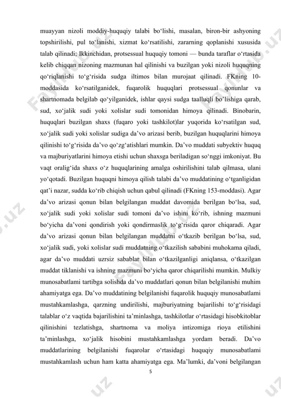idik faktlaming bir turi bo‘lib, yuridik oqibat tug‘diradi”[footnoteref:1]. ushbu fikrga qo‘shilgan holda shuni ta’kidlash joizki, aynan da’vo muddatining o‘tishi yoki uning mavjudligi fuqarolik huquq va majburiyatlarini vujudga keltirish, o‘zgartirish va bekor bo‘lishiga olib keladi. «da’vo muddati» iborasidagi «muddat» atamasi fuqarolik-huquqiy munosabatga nisbatan shunday ma’noni anglatadiki, bunda qaysidir munosabat, holat, voqea sodir bo‘lgan vaqt fuqarolik huquq va majburiyatlarida o‘z ifodasini topishi lozim hisoblanadi. 0 ‘zining fuqarolik huquqlarini buzilgan deb hisoblagan fuqaro yoki yuridik shaxslar ushbu huquqlami himoya qilish maqsadida sudlarga murojaat qiladilar. huquqshunos olim o.s. ioffening fikricha, sudlarga da’vo bilan murojaat qilish uchun quyidagi holatlar mavjud bo‘lishi lozim: [1: новицкий и.б. сделки. исковая давность. — м.: юрид.лит. 1954. - с. 137] • da’vo qo‘zg‘atayotgan shaxs yoki nomidan da’vo qo‘zg‘atilayotgan shaxs protsessual huquq layoqatiga ega bo‘lishi, ya’ni prosessda mustaqil taraf sifatida ishtirok eta olishi lozim; • da’vo qo‘zg‘atish orqali boshlanadigan ish sudlarga taalluqli bo‘lishi talab etiladi; • da’vo qaratilayotgan shaxs fuqarolik huquqining …