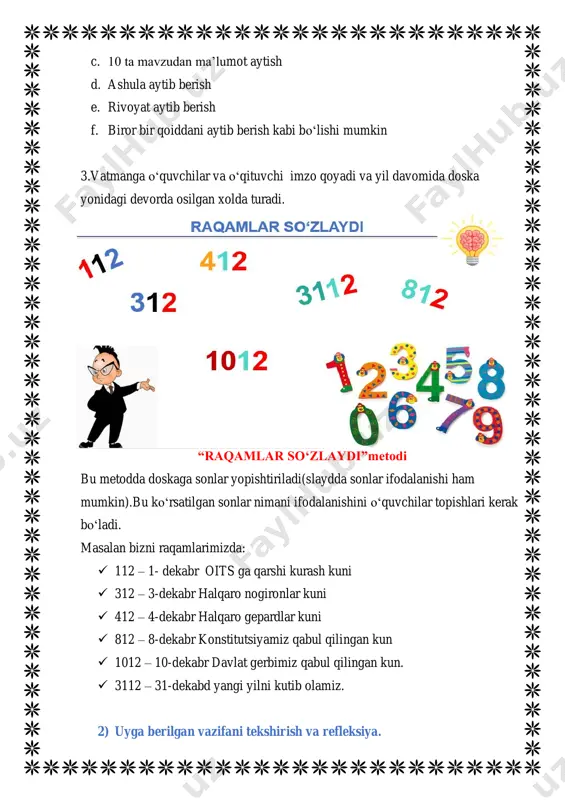 f beradi. parazit - tirik organizmlarda yashab, ular hisobiga oziqlanadigan hayvonlar esa parazit hayvonlar deyiladi .bu metod shu tariqa davom etadi.bu metod orqali ; 1.qisqa payt ichida ko‘p bolalarni mavzuni qanday o‘zlashtirganliklarini bilishimiz; 2.bor diqqatini darsga jalb qila olishimiz; 3.o‘quvchilar qaysi kalit so‘zlarni va mavzuni qay darajada tushunganini analiz qilib olishimiz; 4.o‘quvchilar mavzuni qayerini yaxshi tushina olmaganini taxlil qilishimiz va qayta mustahkamlab berishimiz; 5.o‘quvchilar har bir termini ta’riflab qaytarishi davomida har bir o‘quvchi eshitib turishi va yana bir bor eslab mustahkamlab olishga imkon bo‘lishi bilan diqqatga sazovordir. bu metodni o‘quvchilarni birma bir doskaga chaqirib harflar tanlatish yo‘li bilan ham olib boorish mumkin.bu usulni ko‘proq takrorlash darslarida o‘tilgan mavzuga oid terminlarni esga ilish uchun ham qo‘llashimiz mumkin. ii topshiriq. sut emizuvchilarning ovqat hazm qilish organlari ketma-ketligini yozing. iii topshiriq. qushlarning ovqat hazm qilish organlari bo‘limlarini yozing . iv topshiriq “kalit so‘z” metod bu metod orqali kichadi darsni yodga olinadi.o‘qituvchi o‘quvchilarga o‘tilgan …
