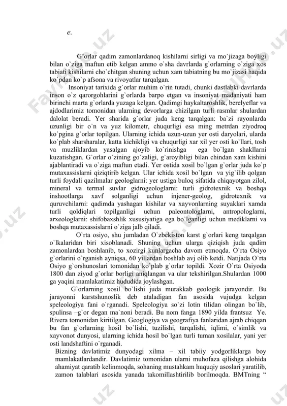 injener-geolog, gidrotexnik va quruvchilarni: qadimda yashagan kishilar va xayvonlarning suyaklari xamda turli qoldiqlari topilganligi uchun paleontologlarni, antropologlarni, arxeologlarni: shifobaxshlik xususiyatiga ega bo`lganligi uchun mediklarni va boshqa mutaxassislarni o`ziga jalb qiladi. o`rta osiyo, shu jumladan o`zbekiston karst g`orlari keng tarqalgan o`lkalaridan biri xisoblanadi. shuning uchun ularga qiziqish juda qadim zamonlardan boshlanib, to xozirgi kunlargacha davom etmoqda. o`rta osiyo g`orlarini o`rganish ayniqsa, 60 yillardan boshlab avj olib ketdi. natijada o`rta osiyo g`orshunoslari tomonidan ko`plab g`orlar topildi. xozir o`rta osiyoda 1800 dan ziyod g`orlar borligi aniqlangan va ular tekshirilgan.shulardan 1000 ga yaqini mamlakatimiz hududida joylashgan. g`orlarning xosil bo`lishi juda murakkab geologik jarayondir. bu jarayonni karstshunoslik deb ataladigan fan asosida vujudga kelgan speleologiya fani o`rganadi. speleologiya so`zi lotin tilidan olingan bo`lib, spulinsa –g`or degan ma`noni beradi. bu nom fanga 1890 yilda frantsuz ye. rivera tomonidan kiritilgan. geoglogiya va geografiya fanlaridan ajrab chiqqan bu fan g`orlarning hosil bo`lishi, tuzilishi, tarqalishi, iqlimi, o`simlik va xayvonot dunyosi, …