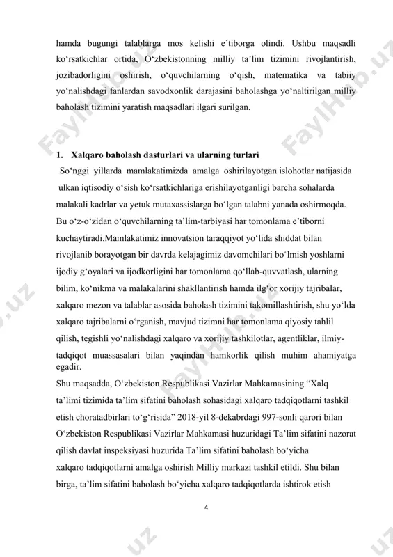 ariga asoslangan bo‘lsa, pisa esa, o‘quvchilar egallagan bilim va ko‘nikmalarini real muammolarni hal qila olishlarini baholashga qaratiladi. timss aynan maktab bilimlarni o‘zlashtirish darajalarini baholasa, pisa bilim va ko‘nikmalarni maktabda, uyda va jamoatchilik orasida qo‘llay olish darajalariga alohida e’tibor qaratadi. ta’limdagi bunday o‘zgarishlar o‘quv dasturi va o‘quv adabiyotlari mazmunini o‘zgartirishga undadi. ona tili, matematika va tabiiy fanlardan pisa baholash dasturiyo‘nalishidagi savollar milliy bazasini yaratildi va o‘quv dasturlariga kiritildi. pisa baholash dasturi yo‘nalishidagi savollar singdirilgan o‘quv dasturlari asosida qo‘shimcha qo‘llanma hamda adabiyotlar yaratish va amaliyotga joriy etildi. 5-sinfdan 11-sinfgacha o‘quv darsliklarida buni ko‘rish mumkin. pisa ona tili,matematika va tabiiy fanlarni o‘qitishning shakl, metod, texnologiyalarini yangilanib o‘qituvchilarning bu boradagi bilimini oshirilmoqda. bu fanlardan o‘quvchilar savodxonligini baholashning milliy tizimini yaratilib, 2019-2021-yillarda amaliy ko‘nikmalarni shakllantirishni baholashga qaratilgan sinovlarni tizimli ravishda o‘tkazish niyatida. pisa testlaridan ona tili darslarida foydalansa, o‘quvchilarni mantiqiy fikrlashga o‘rgatish, matn bilan ishlash ko‘nikmasini rivojlantirish va sinchkovlik talab etiladigan topshiriqlarni qo‘llash o‘quvchining hayotiy …