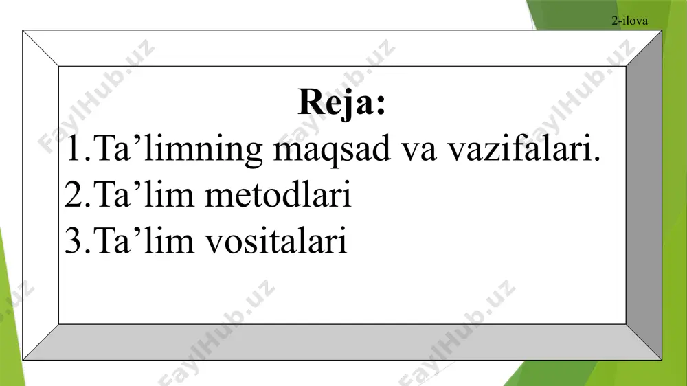 iladi va о‘quv yilida о‘zlashtirilishi zarur bо‘lgan bilim, kо‘nikma va malakalar hajmi kо‘rsatib beriladi 8a-ilova turlari tayanch о‘quv reja namunaviy о‘quv reja o‘quv rejalarining turlari ishchi о‘quv reja 9-ilova о‘quv dasturi muayyan о‘quv fani bо‘yicha bilim, kо‘nikma va malakalar mazmuni, umumiy vaqtni muhim bilimlarni о‘rganilishi bо‘yicha taqsimlash, mavzularning ketma-ketligini belgilash hamda ularning о‘rganilish darajasini yorituvchi meyoriy hujjat 9a-ilova turlari namunaviy о‘quv dasturi ishchi о‘quv dasturi о‘quv dasturlarining turlari mualliflik о‘quv dasturi 10-ilova darslik muayyan о‘quv fani bо‘yicha ta’lim maqsadi, о‘quv dasturi va didaktik talablarga muvofiq belgilangan ilmiy bilimlari tо‘g‘risidagi ma’lumotlarni beruvchi manba bо‘lib, u mazmuni va tuzilishiga kо‘ra fan bо‘yicha yaratilgan о‘quv dasturiga mos keladi davlat ta’lim standartlari о‘rta maxsus, kasb-hunar ta’limi mazmuni va sifatiga qо‘yiladigan talablarni belgilaydigan meyoriy hujjat 11-ilova davlat ta’lim standartlari tarkibiy tuzilishiga kо‘ra quyidagilardan iboratdir: 1. ta’limning yangi yoki aniqlashtirilgan maqsadlari, fanning о‘rganish obyektlari va asosiy mazmunli yо‘nalishlari kо‘zda tutiladigan о‘quv fanining umumiy ta’rifi. 2. о‘quv …