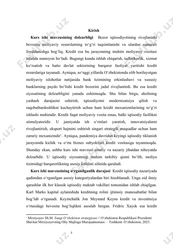 ining o‘ziga xos xususiyatlari, kredit bozorining rivojlanish bosqichlari yoritilgan. bugungi kunda ham turli ilmiy maqolalar, statistik hisobotlar va amaliy tadqiqotlar orqali ushbu mavzu doimiy tahlil etilmoqda. shunga qaramasdan, har bir iqtisodiy bosqichda yangicha yondashuv zarur bo‘ladi. masalan, hozirda barqaror kredit siyosatini amalga oshirish, raqamli kreditlash mexanizmlarini joriy qilish, moliyaviy inklyuzivlikni ta’minlash bilan bog‘liq muammolar bu sohada yangicha izlanishlar olib borishni taqozo etadi. kurs ishi mavzusining nazariy va amaliy ahamiyati kreditning iqtisodiy mohiyati va moliya tizimidagi rolini o‘rganishning nazariy ahamiyati shundaki, bu mavzu orqali kredit munosabatlarining chuqur mazmuni, iqtisodiy jarayonlardagi o‘rni va rivojlanish qonuniyatlari aniqlanadi. kreditning asosiy funksiyalari, turlari, shakllari va mexanizmlarini nazariy jihatdan o‘rganish orqali iqtisodiy fanlar tizimida ushbu kategoriyaning tutgan o‘rni mustahkamlanadi. shu bilan birga, turli iqtisodiy maktablar nazariy qarashlarini solishtirish, zamonaviy yondashuvlar bilan taqqoslash orqali bugungi iqtisodiy tizimda kreditning qanday ishlashi va qanday natijalar keltirib chiqarishini tushunish mumkin bo‘ladi. amaliy ahamiyati esa, ayniqsa, o‘zbekiston sharoitida kredit tizimini tahlil …