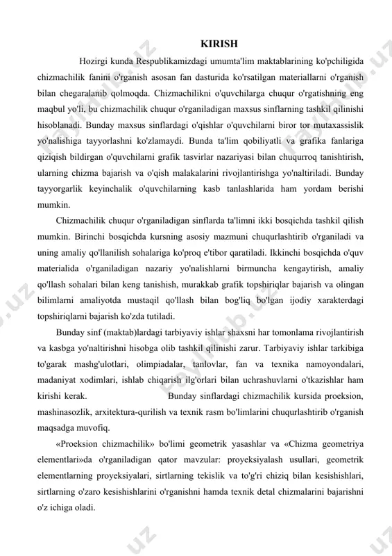 arni kiritish mumkin. «texnik rasm» bo'limida qalamda ishlash texnikasi, aksonometrik proyeksiya va perspektiva nazariyalarini chuqurlashtirib o'rganish, turli buyumlar shakllarini hisobga olgan holda texnik rasmlarini bajarish, buyumlarning shakliga ko'ra hajmini tasvirda ko'rsatish, obyekt texnik rasmini konstruksiyalash elementlari bilan bajarish hamda kinematic sxemalar rasmlarini yasashlarni o'rganish mumkin. chizmachilik chuqur o'rganiladigan sinflardagi ta'lim jarayoni va mazmuni bo'yicha keltirilgan yuqoridagi metodik tavsiyalar maslahat xarakterida bo'lib, fan o'qituvchisi unga mahalliy sharoitlar va xususiyatlarni hisobga olib qo'shimcha va o'zgarishlar kiritishi ham mumkin. keltirilgan har bir bo'limning mavzularini o'rganishning o'ziga xos tashkiliy-metodik talablarini shu fanlarning dasturlaridan olib mahalliy sharoitga moslashtirish mumkin. fakultativ mashg'ulotlar va ularni o'tkazish metodikasi. 2.1. fakultativ mashg’ulotlar va ularni o’tkazish metodikasi fakultativ mashg'ulotlar o'quvtarbiya jarayonining bir shakli bo'lib, ular maktabda umumta'lim bilimlarini chuqurlashtirishga, o'quvchilarning politexnik tayyorgarliklarini oshirishga xizmat qiladi. maktablarda o'rganiladigan chizmachilik kursi o'quvchilarda grafik faoliyatning eng zarur minimum bilim, ko'nikma va malakalarni shakllantirishga mo'ljallangan. chizmachilik o'rganishga qiziquvchi o'quvchilarning grafik bilim, ko'nikma va malakalarini …