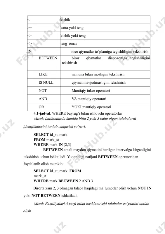 io, telefon, email, manzil) values ('ali', '1234567890', 'ali@example.com', 'tashkent'); • bir nechta yozuv qo‘shish: insert into customers (fio, telefon, email, manzil) values ('ali', '1234567890', 'ali@example.com', 'tashkent'), ('veli', '0987654321', 'veli@example.com', 'samarkand'); 4. update buyrug‘ining imkoniyatlari. update buyrug‘i jadvaldagi mavjud yozuvlarni yangilash uchun ishlatiladi. misollar: • bitta yozuvni yangilash: update customers set manzil = 'bukhara' where id = 1; • bir nechta yozuvni yangilash: update customers set manzil = 'bukhara' where telefon = '1234567890'; 5. where buyrug‘idan nima uchun foydalaniladi? where buyrug‘i ma’lumotlar bazasidan ma'lumotni shartga asoslangan holda tanlash, yangilash yoki o‘chirish uchun ishlatiladi. misol: select * from customers where manzil = 'tashkent'; bu so‘rov faqat manzil ustunidagi qiymati 'tashkent' bo‘lgan mijozlarni qaytaradi. 6. update buyrug‘ining vazifalari nimalardan iborat? update buyrug‘i jadvaldagi mavjud yozuvlarni yangilash uchun ishlatiladi. u quyidagi amallarni bajaradi: • yozuvlarni ma’lum bir shart asosida yangilaydi. • bitta yoki bir nechta ustunlarni o‘zgartirish imkonini beradi. 7. sql tilida jadval nomlarini …