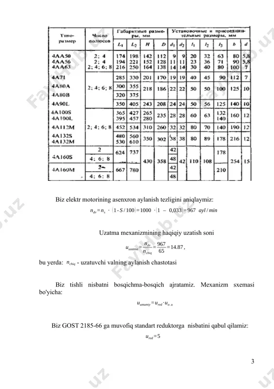 ] = 0,45 ( [σh 1 ] + [σh 2 ] ) ; shesternya uchun ruхsat etilgan kuchlanish: [σh 1 ] = (2 nb1 + 70) k hl / [sn] = = (2 230 + 70) 1,0 / 1,1 = 482 mpa; tishli g`ildirak uchun: [ σ h 2 ] = (2 nb2 + 70) k hl / [sn] = = (2 200 + 70) 1,0 / 1,1 = 428 mpa; хisob bo`yicha topilgan ruхsat etilgan kontakt kuchlanish qiymati: [σh ] = 0,45 ( 482 + 428 ) = 410 mpa. qo`yilgan shart [σh ] ≤ 1,23 [ σ h 2 ] ligi bajarildi. reduktor tishlarining aktiv ish qismini kontakt chidamlilik shartidan, 3.7 formula [1] ga asosan, g`ildiraklarning uqlari orasidagi masofa: aw = ka (uped + 1) 3√t2khβ / [σh]2 u2p ψba bu erda: ka = 43 - tishli ilashmani turiga bog`lik bo`lgan koeffitsient ( 32 bet, [1] ); k …