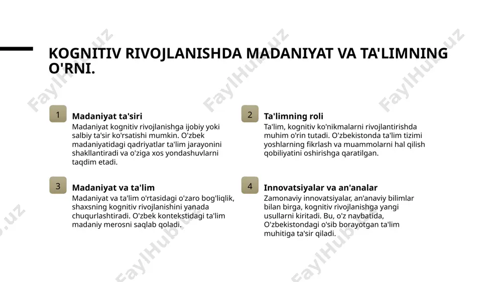 yordam beradi, o'quvchilarning qiziqishini va ishtirokini oshiradi. xulosa 1 kognitiv rivojlanish jarayonlari - yetuklik davrida kognitiv rivojlanish jarayonlari o'sish va o'zgarishlar orqali shakllanadi, bu ko'nikmalarni rivojlantirishda muhimdir. 2 madaniyat va ta'lim roli - kognitiv rivojlanishda madaniyat va ta'limning o'zaro ta'siri katta rol o'ynaydi, bu esa o'zbek muhitida o'ziga xosliklarni keltirib chiqaradi. 3 kattalikka o'tish va o'zgarish - o'smirlikdan kattalikka o'tish jarayonida psixologik o'zgarishlar kognitiv rivojlanishga ta'sir ko'rsatadi, bu esa ijtimoiy omillar bilan uzviy bog'liqdir. e'tiboringiz uchun rahmat! /docprops/thumbnail.jpeg