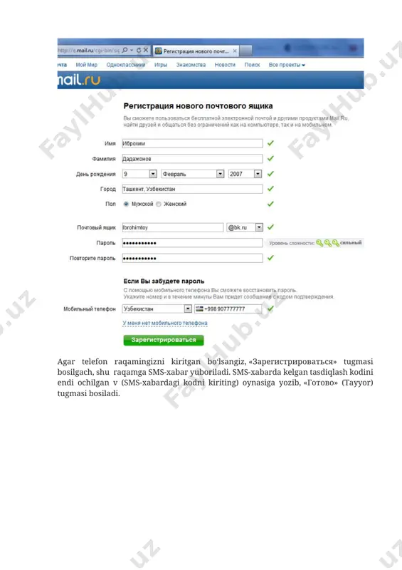ning soni va o‘lchami qanchadan oshmasligi kerakligini ko‘rsatib turishadi. mayl.ru pochta xizmatidan odatda 20 mb gacha bo‘lgan hajmdagi fayl yuborish mumkin. biroq, bu o‘lchamni sozlash ham mumkin. buning uchun отправить файл > 20 mb degan havolani va uning yonidagi “настроить” havolasini bosiladi. xatga fayl qo‘shib yuborish uchun прикрепить файл (fayl biriktirish) tugmasi bossangiz, kerakli faylni ko‘rsatish oynasi ochiladi. bu erdan yubormoqchi bo‘lgan faylingizni ko‘rsatib, открыть (ochish) tugmasini bosasiz. faylning katta-kichikligi va internetga ulanish tezligiga qarab, fayl biriktirishga bir necha soniya yoki daqiqa ketadi. fayl biriktirilgach, uning yonida yashil belgi paydo bo‘ladi. endi xatni yuborish mumkin. xatni yuborish uchun отправить (yuborilsin) tugmasi bosiladi. agar xatni keyinroq yubormoqchi bo‘lsangiz, uni saqlab qo‘yish mumkin. buning uchun сохранить (saqlab qo‘yilsin) tugmasini bosasiz. yozayotgan xatni bekor qilish uchun отмена (inkor) tugmasi bosiladi. xat jo‘nab ketgach, ваше письмо отправлено! (xatingiz yuborildi!) yozuvi paydo bo‘ladi. 1. yuborilgan xatlar ro‘yxati отправленные (yuborilganlar) bo‘limida turadi. bu bo‘limga ham chap …