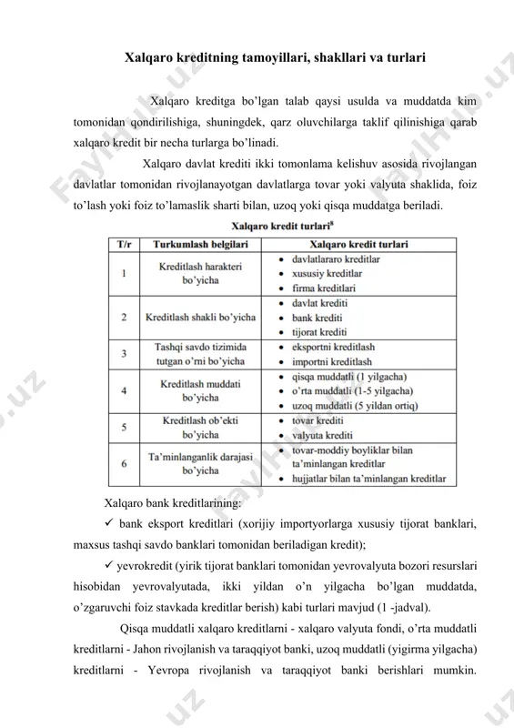 tkazish uchun ishlatiladi. shu bilan birgalikda ssudalarni foizlar bilan qaytimining jamiyat sof daromadining ma’lum bir hajmidan oshgan yillik to’lovlari qarzdor mamlakatlarda mazkur jamg’armalarning shakllanish manbalariga salbiy ta’sir etadi. ikkinchidan, xalqaro kredit qarzdor mamlakatlarda kreditor mamlakatlar uchun qulay bo’lgan iqtisodiy va siyosiy rejimlarning yaratilishi hamda mustahkamlanishiga ko’maklashadi. ishlab chiqarish va almashuvning baynalmilallashuvi, jahon xo’jalik aloqalari yangi shakllarining paydo bo’lishi xalqaro kreditning turli shakllari rivojlanishiga ob’ktiv asos bo’lib xizmat qiladi. xalqaro xususiy kreditlar turli transmilliy korporatsiyalar, firmalar, banklar va vositachi brokerlik kompaniyalari tomonidan berilishi mumkin. ushbu kreditlar ichida yirik korxona va firmalar tomonidan beriladigan kreditlar salmog’i juda kattadir. masalan, o’zbekistonda faoliyat ko’rsatayotgan juda ko’p qo’shma korxonalar xorijiy firmalar va korxonalar tomonidan berilgan kreditlar yordamida yaratilgan. xalqaro davlatlar krediti yoki hukumatlararo kreditlar u yoki bu mamlakat hukumati kredit muassasalari tomonidan boshqa mamlakatning u bu tarmoqlarini ustuvor rivojlantirish maqsadida beriladi. hukumatlararo kreditlar xususiy kreditlarga nisbatan past foizlarda yoki imtiyozli ravishda yoki umuman foizsiz, ayrim …