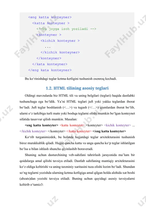 sida ko‘rsatilgan jumla brauzerning sarlavha satrida aks etadi. masalan: toshkent davlat texnika universiteti ushbu holatda natija quyidagi ko‘rinishda bo‘ladi (1.8-rasm). 1.8-rasm. sahifa sarlavhasi. elementi (tegi). ushbu teg orqali sahifaga izoh, qidiruv tizimlari uchun kalit so‘zlar, html hujjat muallifi kabi ma’lumotlar yoziladi. toshkent davlat texnika universiteti sahifa izohi va kalit so‘zlarni bir vaqtning o‘zida bir necha tillarda ham e’lon qilish mumkin, malasan, rus va ingliz tillarida: shuningdek, tegi yordamida sahifani qidiruv tizimlari tomonidan indekslashga hamda undagi havola (ссылка - link)larga o‘tishga ruxsat berish yoki taqiq qo‘yish mumkin, masalan, ikkalasiga ham ruxsat berish quyidagicha amalga oshiriladi: taqiq qo‘yish uchun esa «noindex» va «nofollow» qiymatlaridan foydalaniladi. bundan tashqari hujjatning kodirovkasi ham shu teg orqali e’lon qilinadi. shunday holatlar bo‘ladiki, sahifani ma’lum vaqt o‘tgandan so‘ng yangilash talab etiladi. bunday holatda ham tegidan foydalanish mumkin. buning uchun uning «http-equiv» xususiyatiga «refresh» qiymatini, «content» xususiyatiga esa, vaqtni (soniyalarda) ko‘rsatish kerak bo‘ladi: bunda 30 soniyadan so‘ng sahifa …