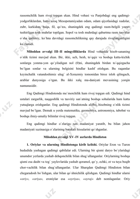 shi. oriylar eron va turon hududida yashagan qadimgi qabilalar edi. ularning bir qismi daryo bo`ylaridagi unumdor yerlarda yashab dehqonchilik bilan shug`ullanganlar. oriylarning boshqa qismi esa dasht va tog` yaylovlarida yashab qoramol, qo`y, echki, ot va tuya boqib chor-vachilik bilan shug`ullanganlar. ular sharqdan qadimgi hindiston bilan chegaradosh bo`lishgan, ular bilan qo`shnichilik qilishgan. qadimgi hindlar ularni «oriy», «oriya», eroniylar esa «oyriya», «oyraj» deb nomlaganlar. oriy atamasining o`zbekcha tarjimasi olijanob, ulug`vor, yaxshi oiladan va aslzoda kabi ma`nolarni anglatadi. miloddan avvalgi ii mingyillikning o`rtalarida oriylarning bir qismi sulaymon, hindikush va janubiy badaxshondan oshib o`tib, panjob viloyatini bosib olganlar. oriylar bilan mahalliy aholi o`rtasida shiddatli janglar bo`lgan. bu janglar haqida «maxabxarata» va «ramayana» dostonlarida mukammal ma`lumot beriladi. panjobga o`rnashib olgan oriylar qoramol – sigir, buqa, ho`kiz, buzoq, qo`y, echki, ot va tuyalar boqib, asosan chorvachilik bilan shug`ullanganlar. keyinchalik ular gang va jamna daryosi bo`yidagi unumdor yerlar, hamda tog` yaylovlarini bosib olganlar. oriylar kelgunicha hindistonda ot …