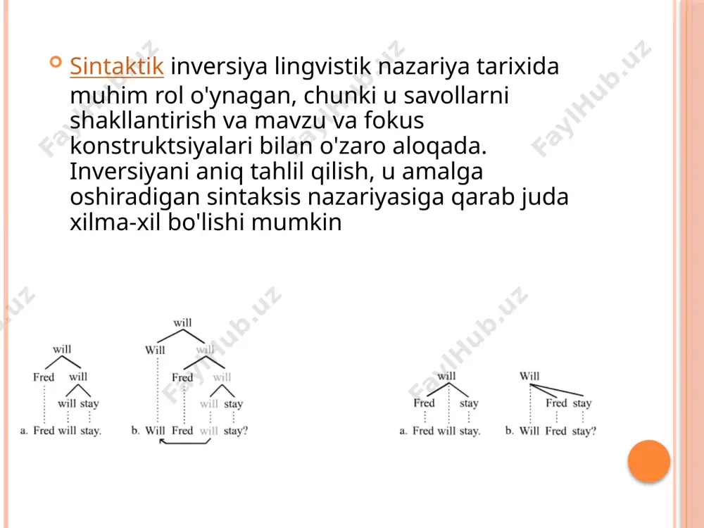 dindan belgilab qo'yilgan tarkibiy qism, hech bo'lmaganda nutqda (shahzoda 1992 ma'nosida) yakuniy kabi tanish bo'lishi kerak keyinga qoldirildi tarkibiy qism - bu o'z navbatida inversiya ma'ruzachiga gap ichidagi ma'lumotlarning yangi tartibini saqlashga yordam berishiga xizmat qiladi. keyingi ishlarida birner (2018) passivizatsiya va inversiya variantlar, yoki alloformlar, o'z navbatida, ma'lum bir misolda yoki umumiyroq oldindan belgilab qo'yilgan qurilishning yoki umumiyroq kechiktirilgan qurilishning varianti sifatida xizmat qiladigan bitta argumentni o'zgartiruvchi qurilish. teskari jumlalarning (shu jumladan, lokativ inversiyani) ustun vazifasi taqdimot: konstruktsiya odatda yangi nutqni boshlash uchun ishlatiladi referent yoki o'z navbatida yangi-yangi bo'lgan referentni o'z ichiga olgan tadbirni joriy etish. shunday qilib joriy qilingan sub'ekt quyidagicha xizmat qiladimavzu keyingi nutq.[9] quyidagilarni ko'rib chiqing xitoycha gapirish misol: image2.jpeg image3.png