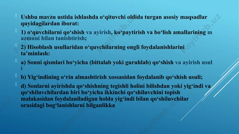 likka asoslanadi. ammo og‘zaki va yozma hisoblash usullarining farq qiluvchi xossalari ham bor. og‘zaki hisoblashlar: 1. hisoblashlar yozuvlarsiz ( ya’ni xotirada bajariladi) yoki yozuvlar bilan tushuntirib berilishi mumkin. bunda yechimlarni: a) tushuntirishlarni to‘la yozish bilan (ya’ni hisoblash usulini dastlabki mustahkamlash bosqichida) berish mumkin. masalan: 34 + 3 = (30 + 4 ) + 3 = 30 + ( 4 + 3) = 37, 9 + 3 = 9 + ( 1 + 2 ) = ( 9 + 1) + 2 = 12 va hokazo. b) berilganlarni va natijalarni yozish mumkin. masalan, 34 + 4 = 37 9 + 3 = 12. d) hisoblash natijalarini raqamlab yozish mumkin. masalan, 1) 37, 2) 12 .. 2. hisoblashlar yuqori xona birliklaridan boshlab bajariladi. masalan, 430 - 210 = ( 400 + 30 ) - - ( 200 + 10 ) = ( 400 - 200 ) + ( 30 - 10 ) …
