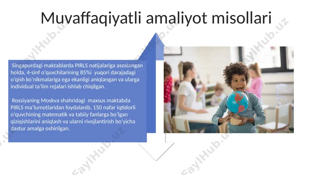 jakdagi tadqiqotlar o'tkazish kerak. test natijalarini talqin qilish test natijalarini yosh va sinf darajasi (masalan, 4-sinf) bo'yicha tahlil qilish, o'zbekistonning ayrim viloyatlaridagi, masalan, samarqanddagi yuqori ko'rsatkichlarni aniqlash va ta'lim siyosatiga qo'llash imkonini beradi. pirls bahosini 500 balldan yuqori olgan o'zbekistonlik o'quvchilarning matematikada yuqori qobiliyatlarini aniqlashda, xalqaro standartlarga mos ravishda singapur va kanada maktablari bilan taqqoslash muhim. differensiatsiya va individualizatsiya individualizatsiya yondashuvi 3 ta asosiy o'quv uslublariga (vizual, auditoriy, kinestetik) moslashtirilgan 7 xil o'quv materiallari va topshiriqlarini taklif qilishni o'z ichiga oladi, bu esa o'zbekistonning toshkent shahridagi maktablarda samarali qo'llanilishi mumkin. differensiatsiya, 2020-yilgi tadqiqotlarga ko'ra, o'quv jarayonini 3 guruhga (yuqori, o'rta, past) bo'lish orqali, har bir guruh uchun moslashtirilgan o'quv rejasi va baholash mezonlari bilan ta'minlaydi, bu esa samarqanddagi maktablar uchun muhim ahamiyatga ega. ota-onalarning ishtiroki o'zbekiston bo'ylab 100 dan ortiq maktabda 5000 ga yaqin o'quvchi pirlsda qatnashgan, bu namunaviy guruhlarni o'rganish imkoniyatini yaratdi. pirls natijalari, o'zbekistonning ayrim hududlaridagi iqtidorli bolalarni …