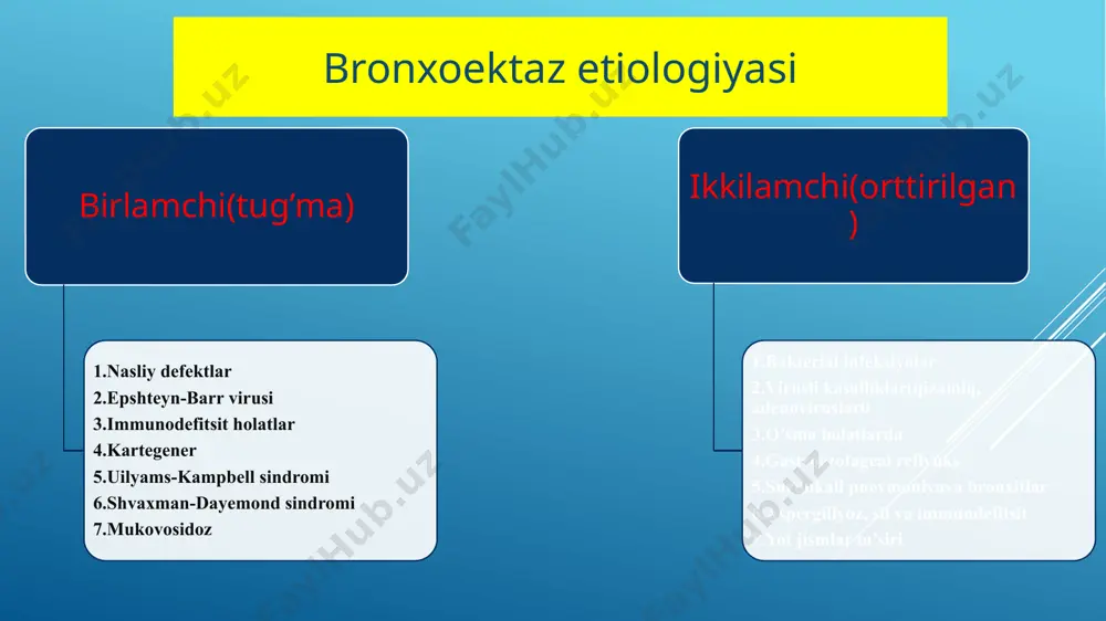 cefazolini natrii 1.0 № 5 d.s. флакондаги дорини 0,5% 10,0 мл новокаин эритмасида эритиб 5 мл дан (500 мг ) м/о га хар 12 соатда юборилсин (бемор 4 ёш) bronxoektaz profilaktikasi ikkilamchi bronxoektaz rivojlanmasligi va qo’zimasligi uchun: chekishni tashlash pnevmoniyani samarali davolash virusli kasalliklarga immunizatsiya (gripp, ko’k yo’tal, pnevmokokk, gemofil tayoqchalarga) qarshi mono- va polyvalent vaksinalar qabul qilish dispanserizatsiya yashash joyida uash yoki pulmonology nazoratida turadi kam qo’zisa quyidagi amaliyotlar o’tkaziladi: yilda 3 marta shifokor ko’rigi umumiy qon, siydik va balg’am taxlili virusli infeksiya bilan kasallanganda avj olmaslik uchun kompleks davo balg’amni qo’zg’atuvchiga va ab ga tekshirish pulmonolog, torakal xirurg, lor, stomatology va ftiziatr ko’rigi 1 marta yilda 3 martadan ortiq qo’zisa: uash va mutaxasis ko’rigi 4 marta qon tahlili, oqsil, mochevina 1 marta kasallik avj olmasligi uchun davolash balg’am sil mikobakteriyasiga tekshiriladi yilda 2 marta flyurografiya yilda bir marta ekg, bronxoskopiya, tomografiya image1.jpg image2.png image3.gif image4.gif image5.jpg image6.jpg image7.png …