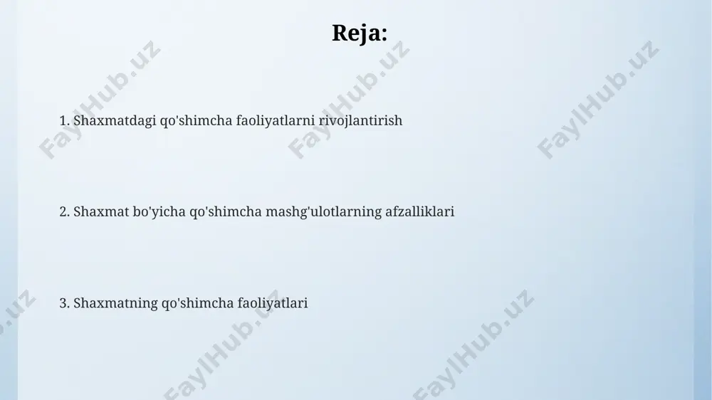 jon viloyatida shaxmat bo'yicha 10 dan ortiq turli yosh toifasidagi bolalar uchun qo'shimcha mashg'ulotlar dasturi ishlab chiqilgan bo'lib, unda 30 dan ortiq o'qituvchi faoliyat olib boradi. bu dastur, o'yinchi analizini yaxshilashga qaratilgan. e'tiboringiz uchun rahmat @taqdimot_robot image4.png image3.jpeg