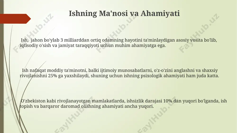 uning uchun smart maqsadlar uslubiyatidan foydalanish tavsiya etiladi. ishdagi muvaffaqiyatning kalitlaridan biri – 5 yildan ortiq tajribaga ega bo‘lgan mutaxassislarning 80%i doimiy o‘z ustida ishlash va yangi ko‘nikmalarni egallashni ta’kidlaydilar, masalan, google-ning onlayn kurslari orqali. samarqanddagi yirik kompaniyalarning 75%ida ishga qabul qilishda kommunikatsiya ko‘nikmalari va jamoada ishlash qobiliyati kabi yumshoq ko‘nikmalarga (soft skills) yuqori baho beriladi. kelajakdagi ish imkoniyatlari qishloq xo'jaligi sohasida, zamonaviy texnologiyalarni joriy etish natijasida, andijon viloyatida 2025 yilga kelib, kamida 5,000 ta yangi, yuqori malakali ishchi o'rni yaratilishi taxmin qilinmoqda. yevropa ittifoqi bilan hamkorlikda, 2030 yilga borib, qayta tiklanuvchi energiya sohasida, xususan, quyosh va shamol energiyasi loyihalarida 10,000 dan ziyod mutaxassisga ehtiyoj seziladi. kelajakda o'zbekistondagi it sohasida 500,000 dan ortiq yangi ish o'rinlari, ayniqsa, toshkent va samarqand kabi yirik shaharlarda paydo bo'lishi kutilmoqda. ishdagi axloq va madaniyat ishdagi axloq va madaniyat 30 dan ortiq mamlakatlarda o'tkazilgan tadqiqotlar shuni ko'rsatdiki, yuqori axloqiy muhitda ish unumdorligi 15% ga oshgan. …