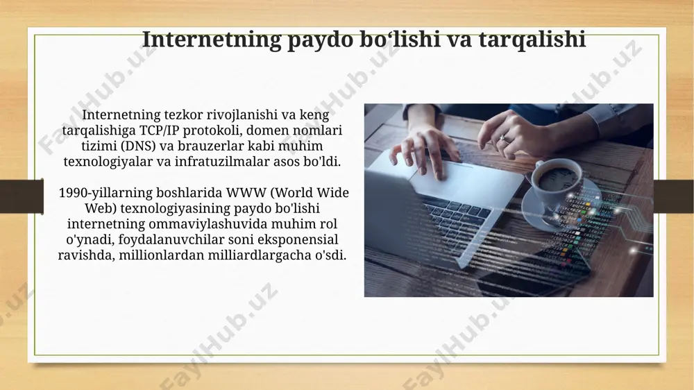 oqlari keng polosali ulanish tezligini 100 gbps gacha oshirib, real vaqt rejimida virtual va kengaytirilgan reallik texnologiyalarining rivojlanishiga turtki bo'ladi. ma'lumotlar bazalari va ma'lumotlarni boshqarish tizimlari katta hajmdagi ma'lumotlarni (big data) samarali boshqarish uchun, masalan, hadoop va spark kabi, parallel va tarqatilgan ma'lumotlarni qayta ishlash texnologiyalari muhim ahamiyat kasb etadi. ma'lumotlar bazalarini boshqarish tizimlari (dbms) relational, nosql va ob'ektga yo'naltirilgan kabi turli xil modellarda mavjud bo'lib, har biri o'ziga xos ma'lumotlar tuzilmalari va so'rov tillarini qo'llaydi. dasturiy ta'minotning rivojlanishi hozirgi kunda bulut texnologiyalari va sun'iy intellektning jadal rivojlanishi tufayli dasturiy ta'minot arxitekturalari mikroservislarga asoslangan yondashuvlar va mashinani o'rgatish algoritmlariga asoslangan intellektual tizimlar tomonidan qo'llab-quvvatlanmoqda. 1980-yillardan boshlab ob'ektga yo'naltirilgan dasturlash paradigmasi keng qo'llanila boshlandi, bu esa dasturlarni yaratishni soddalashtirdi va katta hajmdagi loyihalarning samaradorligini 10-20% ga oshirdi. dastlabki hisoblash mashinalari dastlabki hisoblash mashinalari, masalan, eniac (1946), vakuum lampalaridan foydalangan va juda katta o'lchamlarga ega bo'lib, minglab vatt quvvat sarflagan. "dastlabki hisoblash …