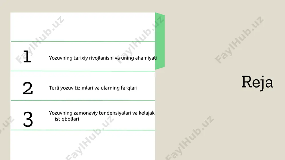 zbekistonda yozuv tarixi, milliy kimlik va madaniyatni shakllantirishda muhim o'rin tutadi. o'zbekiston yozuvlari ko'plab tarixiy voqealar va ijtimoiy o'zgarishlarni aks ettiradi, bu esa xalqimizning tarixi va madaniyatiga katta ta'sir ko'rsatgan. yozuvning ahamiyati yozuv, insoniyat tarixida muhim ahamiyatga ega. u bilimlarni saqlash, madaniyatni rivojlantirish va ijtimoiy aloqalarni mustahkamlashda asosiy vosita hisoblanadi. yozuv, shuningdek, har bir xalqning o'ziga xosligini va tarixiy tajribasini ifodalaydi. yozuv tizimlarining asosiy turlari yozuv tizimlari insoniyat tarixida muhim o‘rin tutadi va asosan uchta asosiy turga bo‘linadi: alifbo, silabik va piktogramma. alifbo tizimlari harflardan iborat bo‘lib, har bir harf tovushni ifodalaydi va ko‘plab tillarda qo‘llaniladi. silabik tizimlar, masalan, yapon kana tizimi, har bir silabani ifodalaydi, bu esa ko‘pincha bir yoki bir nechta tovushlarni o‘z ichiga oladi. piktogramma tizimlari esa, masalan, eski misr yozuvi, ma'lum predmet yoki tushunchalarni ifodalaydigan rasm yoki belgilardan tashkil topgan. misol uchun, lotin alifbosi alifbo tizimiga, yapon kanji esa piktogramma tizimiga, hindusiy esa silabik tizimga misol …
