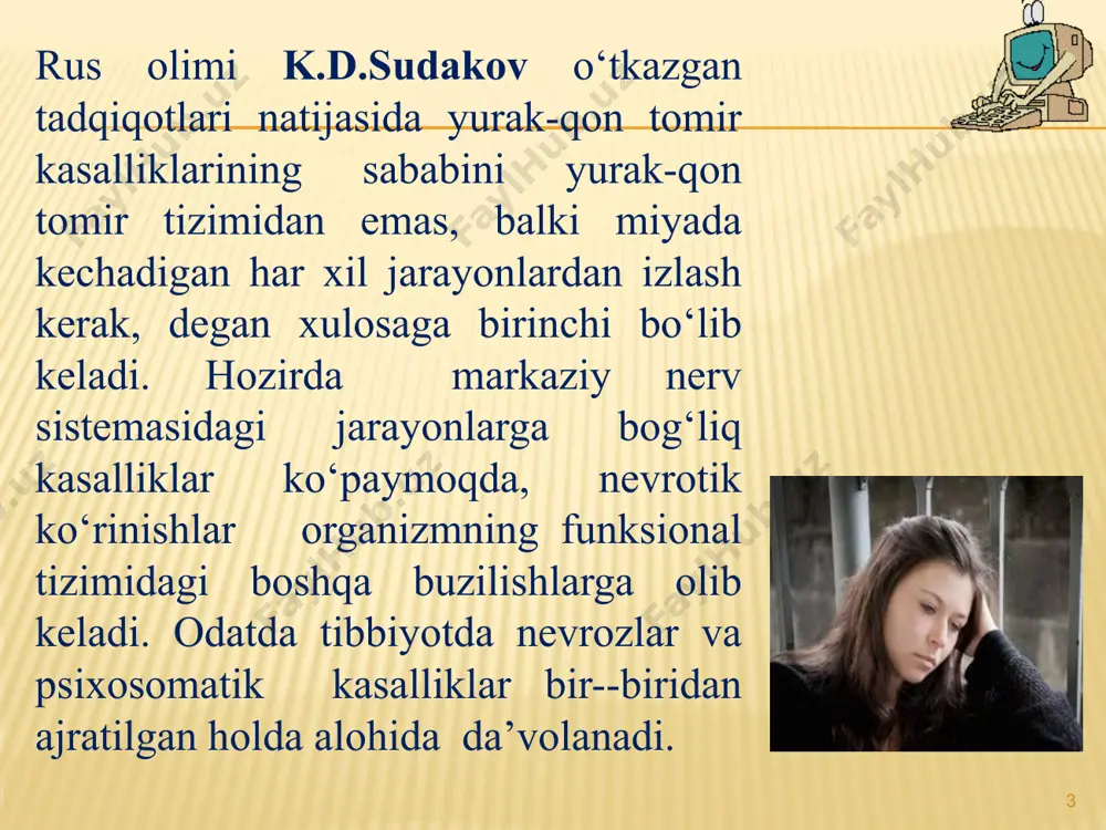 ajratiladi. informatsion stress – insonda haddan tashqari axborotlarni ko‘p qabul qilish, inson oldiga qo‘ygan vazifalarni bajarishda bir qancha echimlar bo‘lsa-da, aniq ulardan qaysi birini tanlash, yuqori darajadani shiddat bilan qaror qabul qilishda ikkilanadi. emotsional stress- ta’qiq qilish, falokat, hayotiy o‘zgarishlar, kundalik tashvishlarda ko‘rinadi. psixologlar maykl shayer va charlz karver fikricha, optimist inson eng og‘ir qiyin vaziyatda ham yaxshi deb oldinga intiladi. * birinchi bo‘lib stress bo‘yicha 1932 yilda fiziolog uolter kenon va 1936 yilda vrach gans selelar chuqurroq tushuncha berishga harakat qilganlar. sele stress haqidagi tadqiqotlarini o‘zining “disstressiz stress” asarida umumlashtirgan. stressda 3 bosqich farqlanadi: 1.xavotirlik bosqichi. 2. moslashish bosqichi. 3. o‘ta charchash bosqichi. inflyasiya , ishsizlik stresslarning ijtimoiy omili hisoblanadi. * stress muammosini hal qilishda, 3 jihatga e’tibor berish zarur. 1. hissiy stress omillarini yo‘qotish. 2. hissiyotni tarbiyalash. o‘z hissiyotimizni boshqarish orqali ko‘pgina stress holatining oldini olishimiz mumkin. hissiyotni shunday boshqarish, mashq qildirish muhimki, salbiy hissiyotni paydo bo‘lishi, ijobiy …